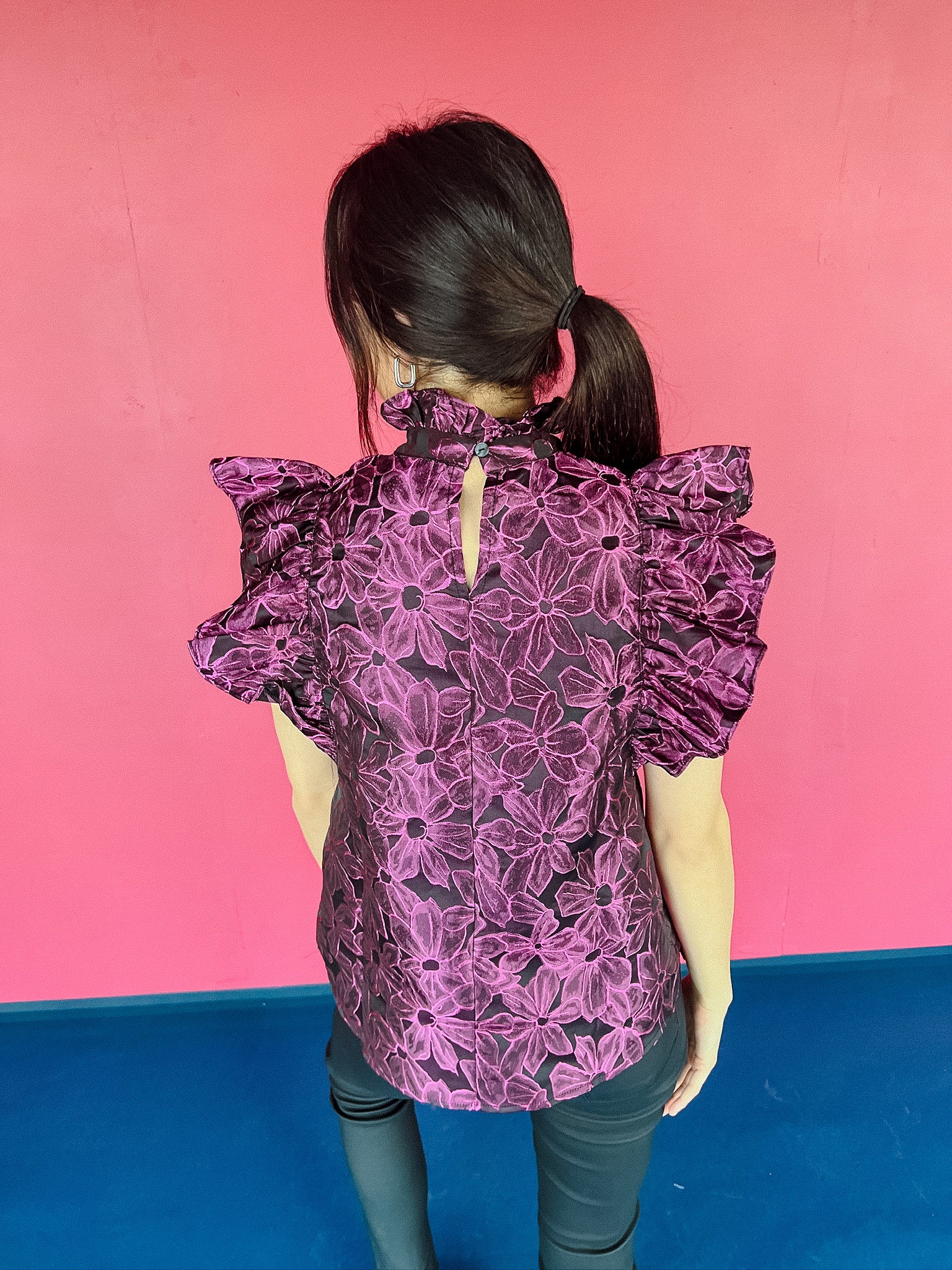 Class Act Ruffle Sleeve Blouse - Black + Vibrant Amethyst