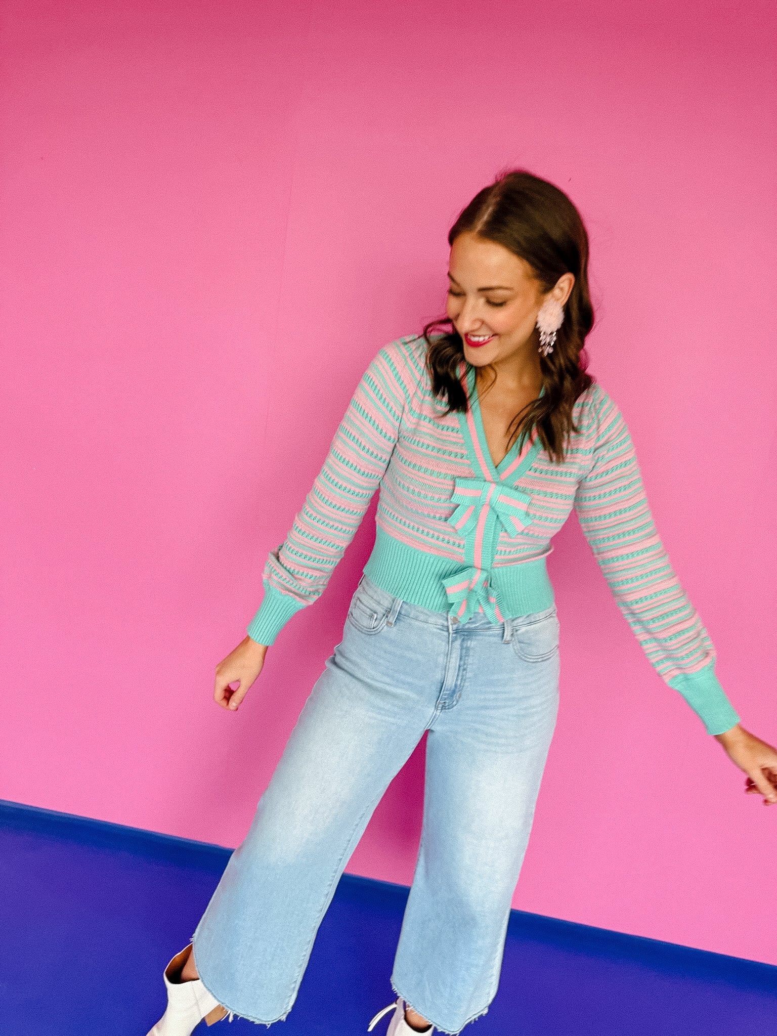 Sasha Striped Cardigan - Duck Egg + Rose