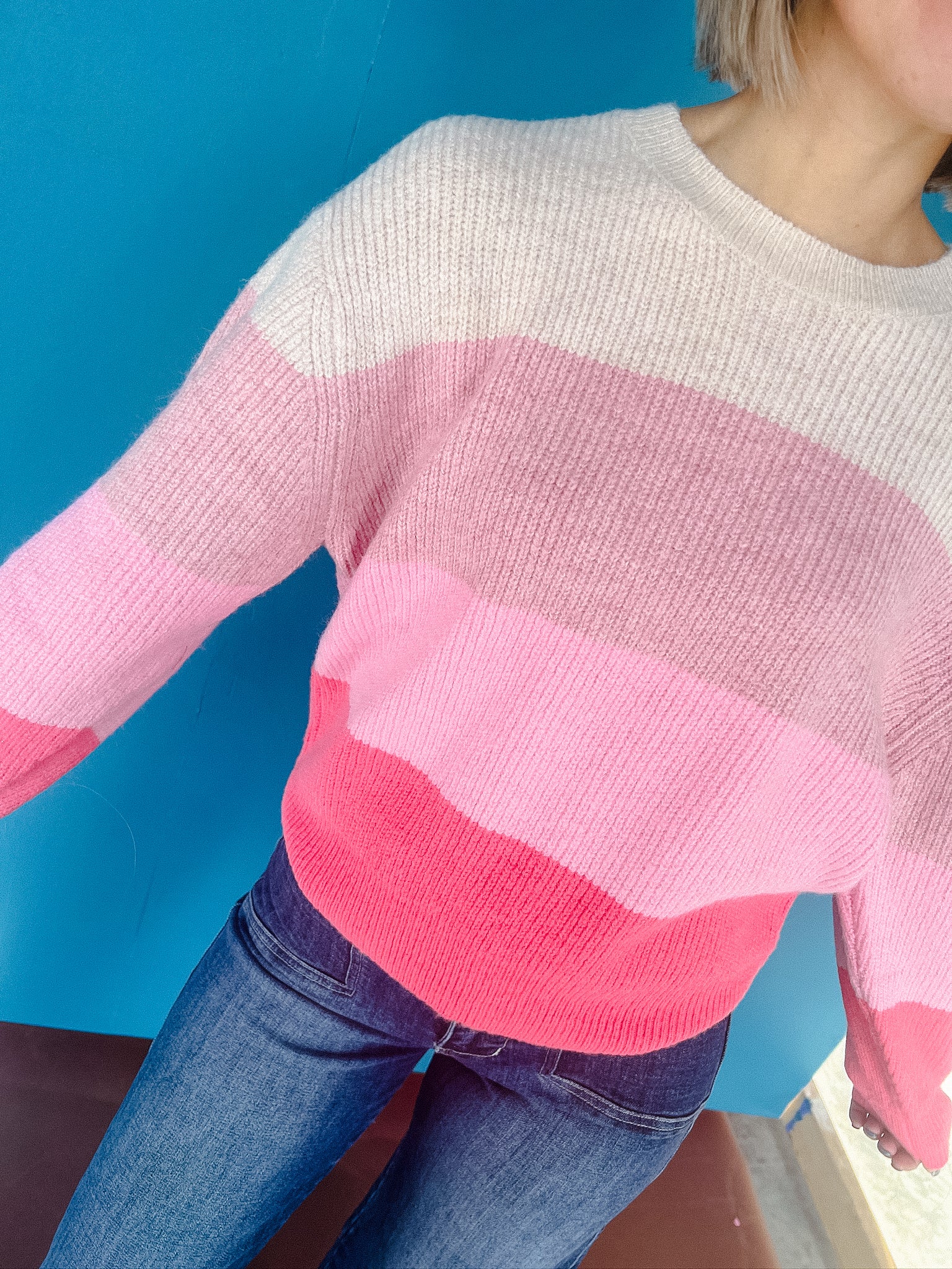 Chandler Stripe Colorblock Sweater - Mushroom + Clover + Vibrant Rose