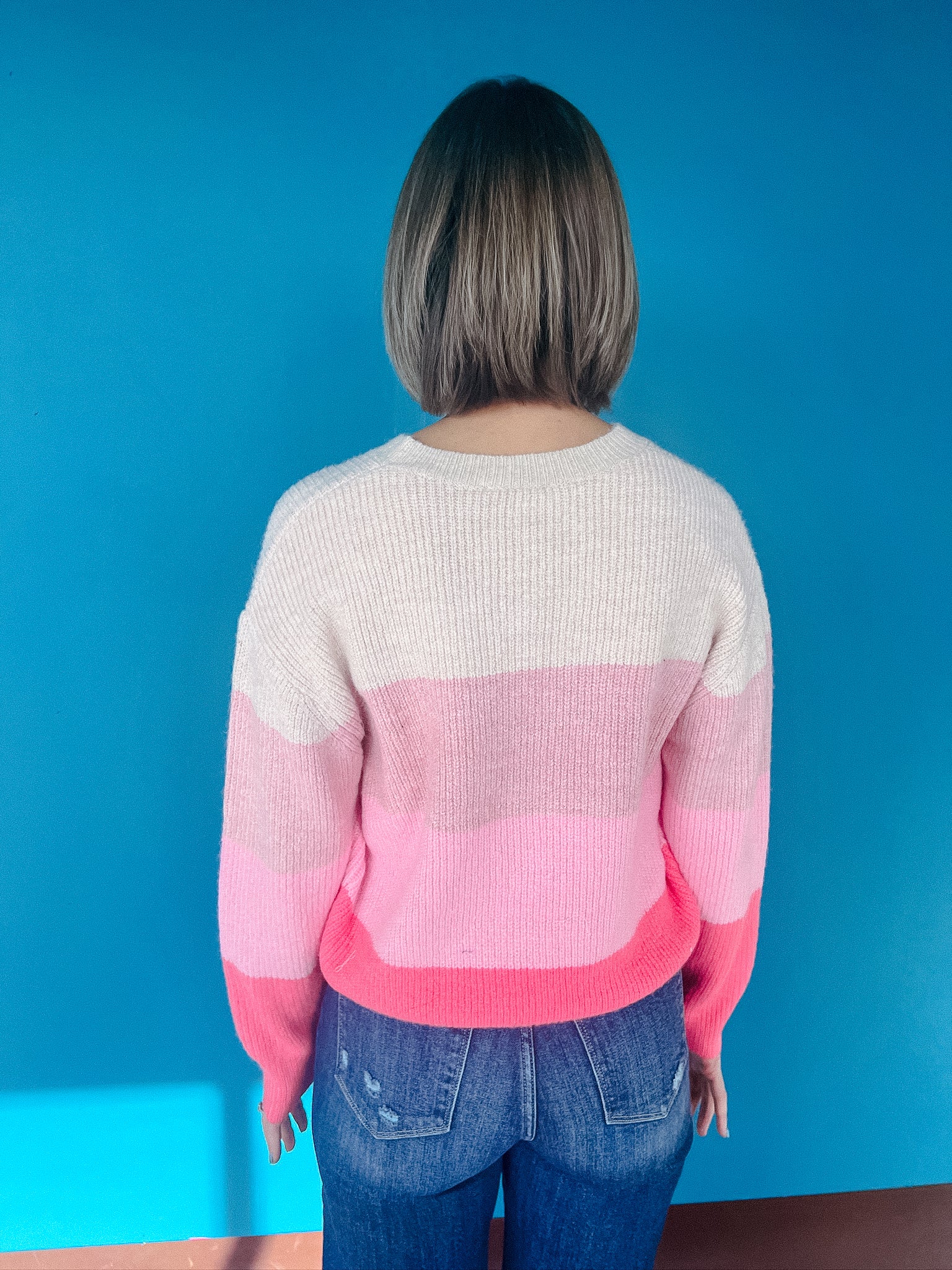 Chandler Stripe Colorblock Sweater - Mushroom + Clover + Vibrant Rose