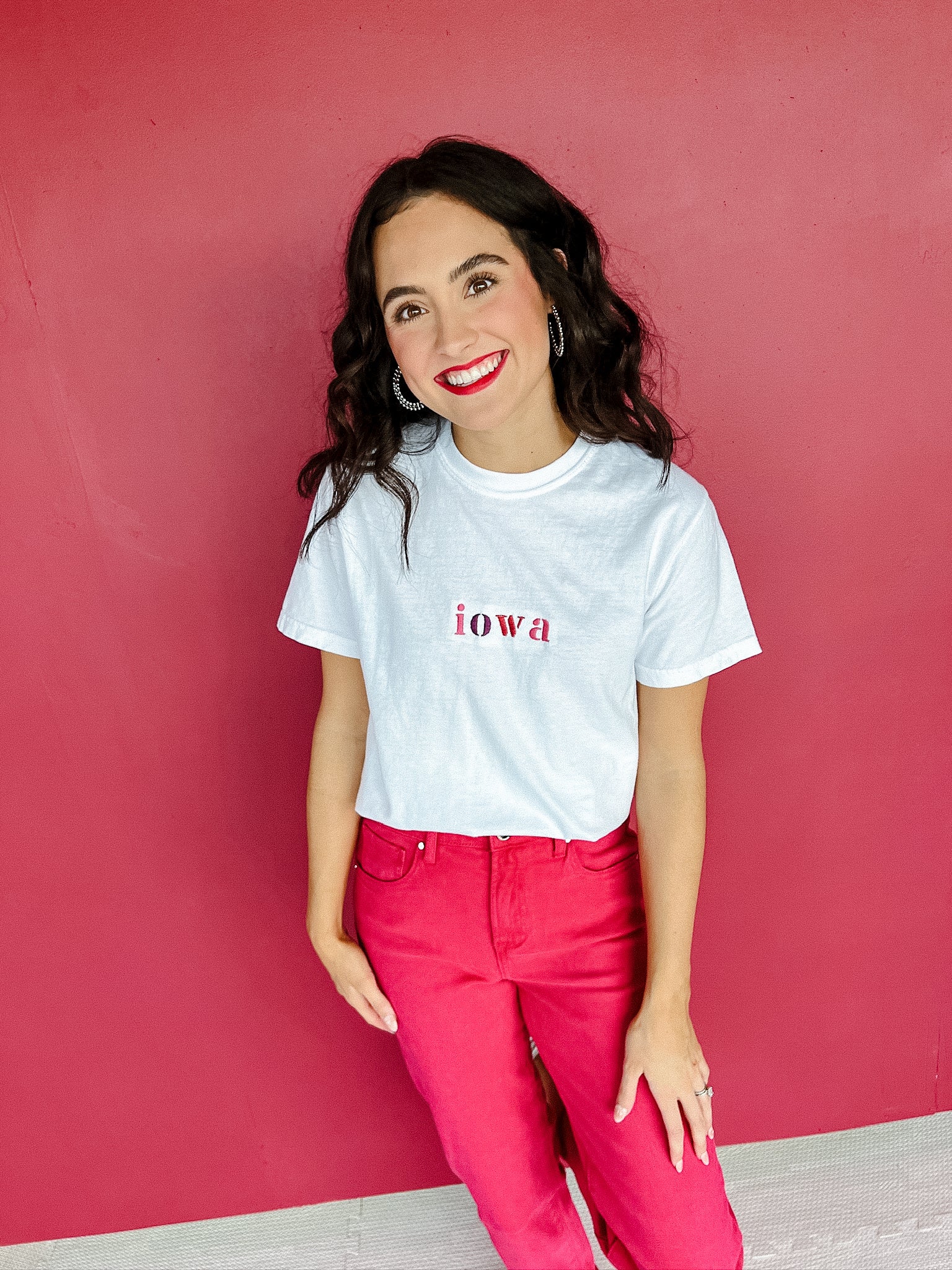 Iowa Embroidered Tee - White + Raspberry + Damson