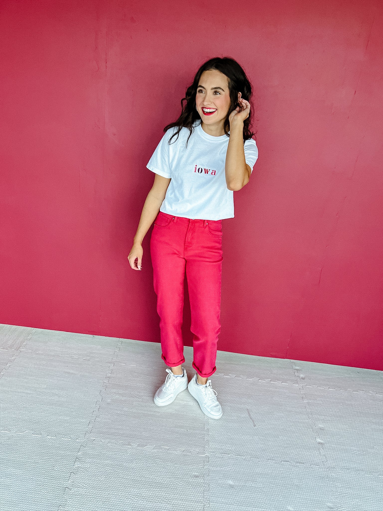 Iowa Embroidered Tee - White + Raspberry + Damson