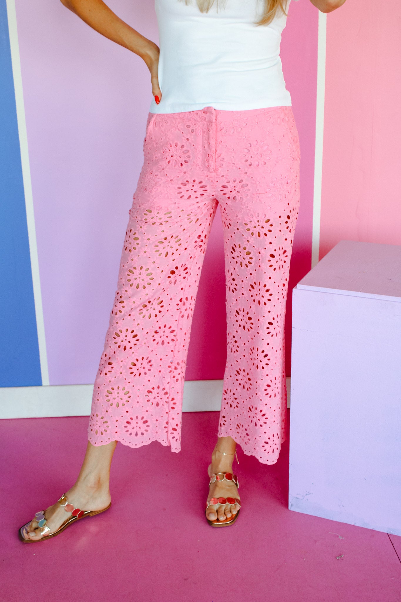 Betsy Eyelet Wide Leg Pants - Light Rose