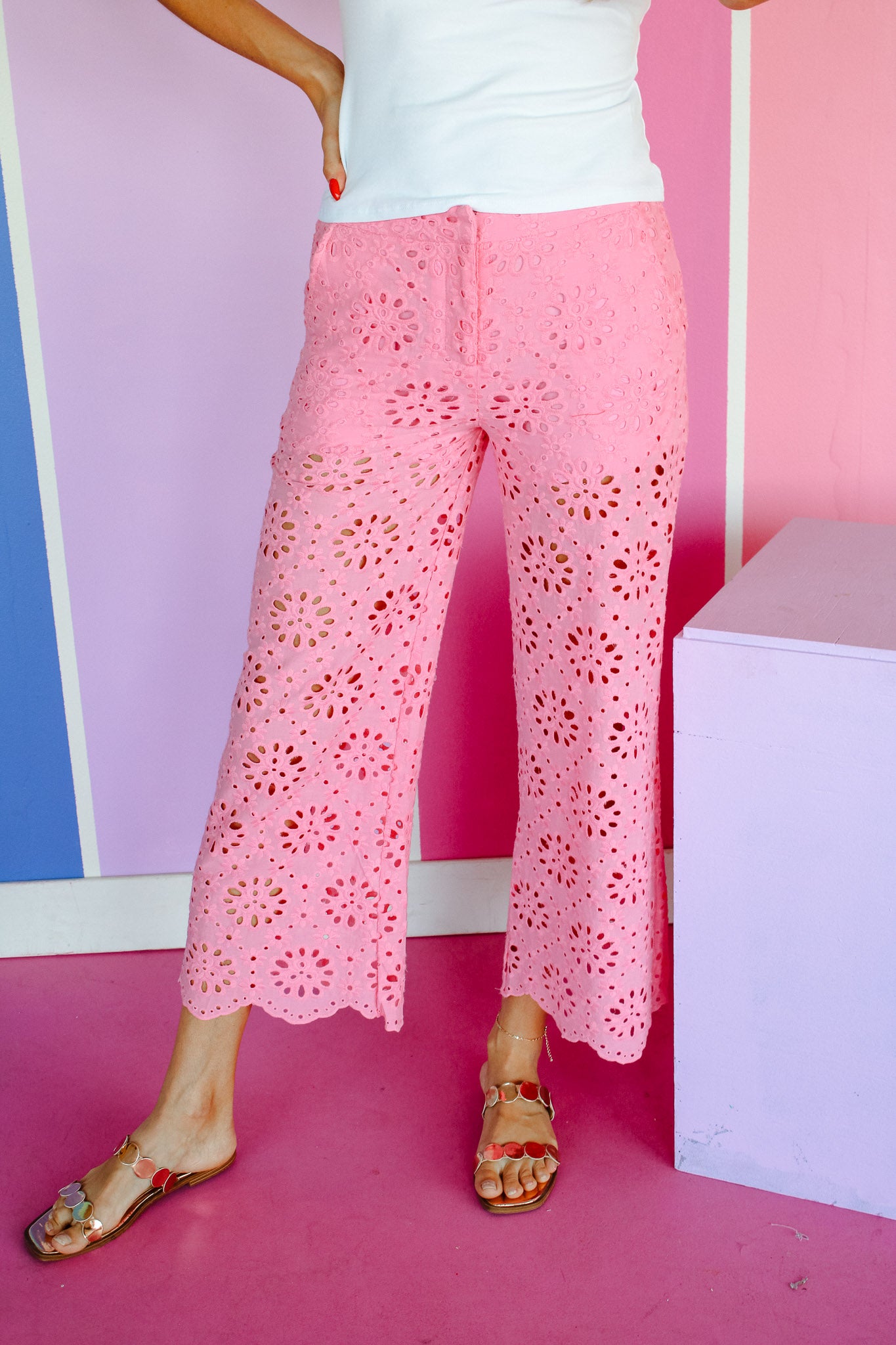Betsy Eyelet Wide Leg Pants - Light Rose
