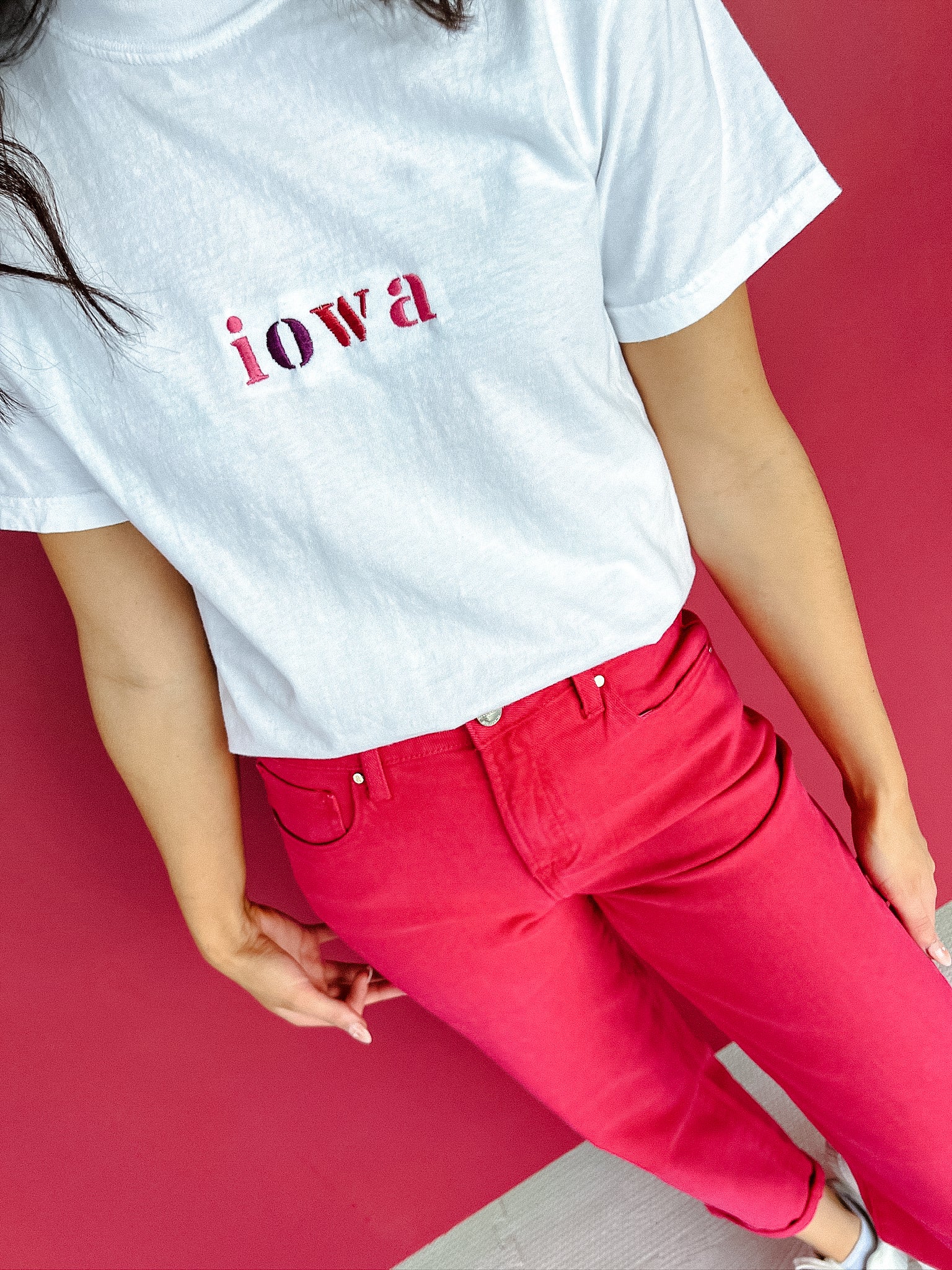 Iowa Embroidered Tee - White + Raspberry + Damson