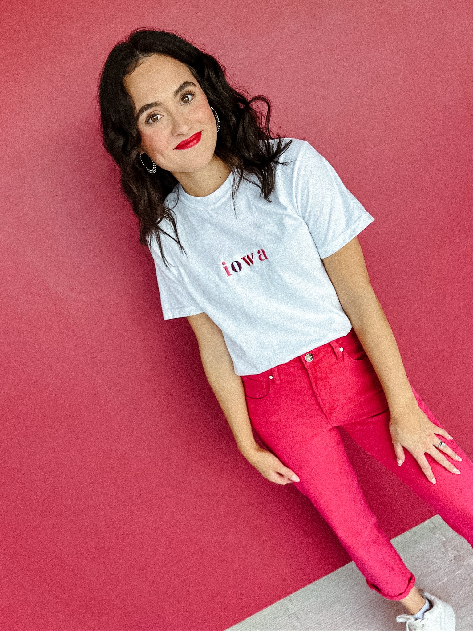 Iowa Embroidered Tee - White + Raspberry + Damson