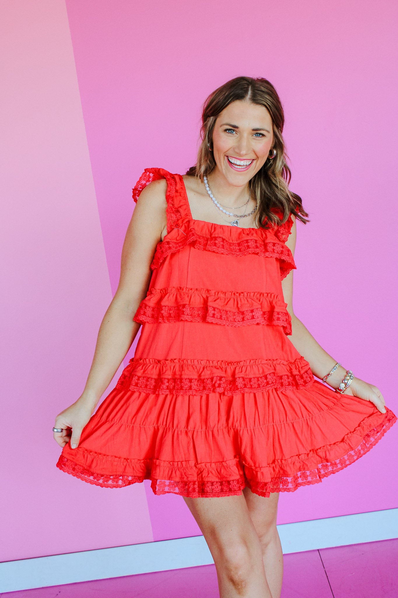 Skye Tiered Mini Dress - Coral Red