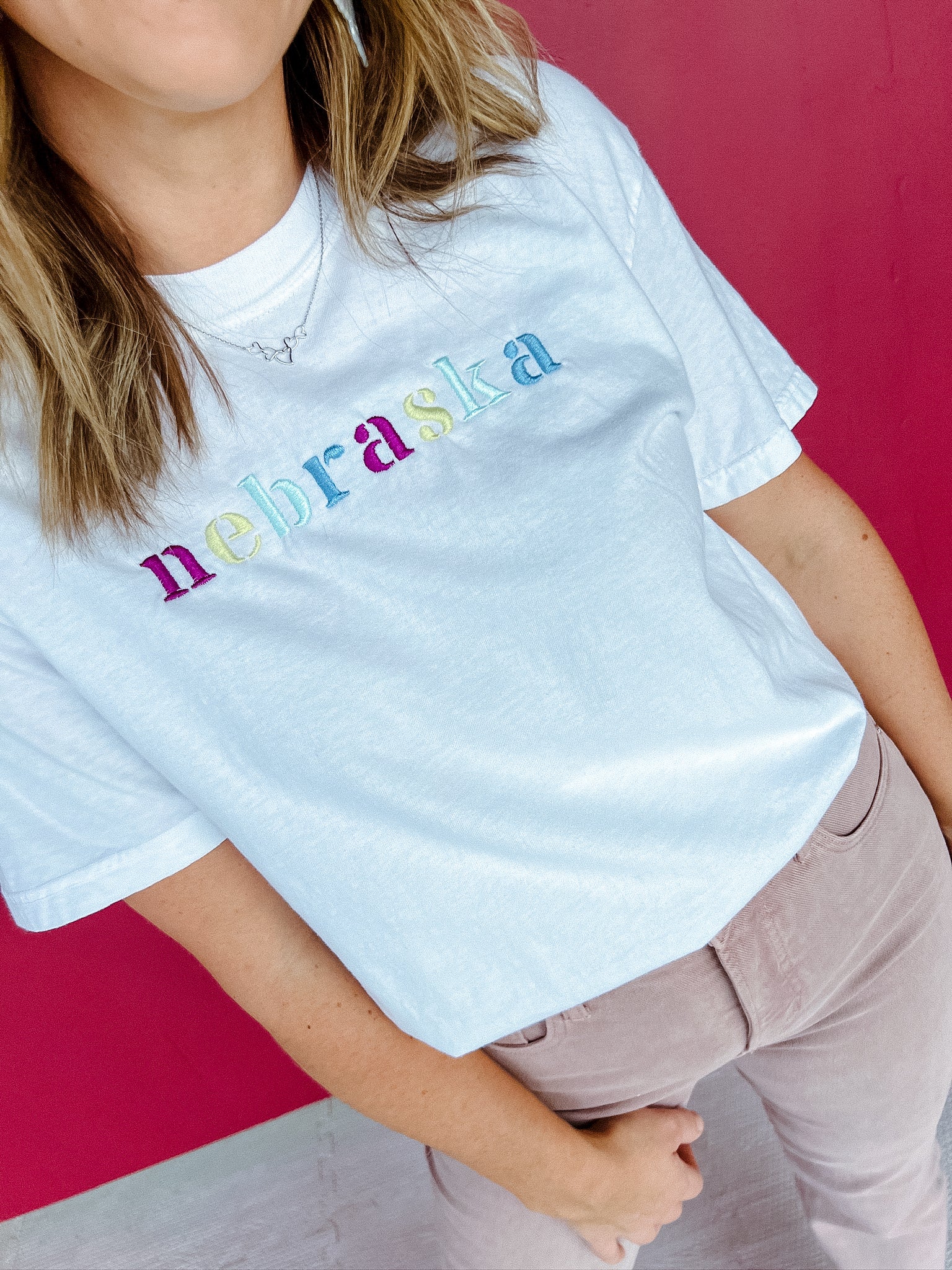 Nebraska Embroidered Tee - White + Primrose + Duck Egg + Plum