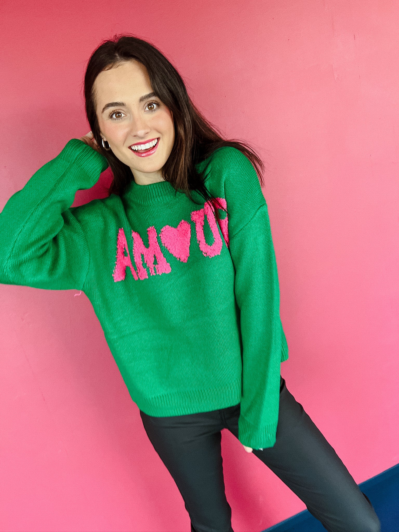 My Love Crewneck Sweater - Emerald + Magenta