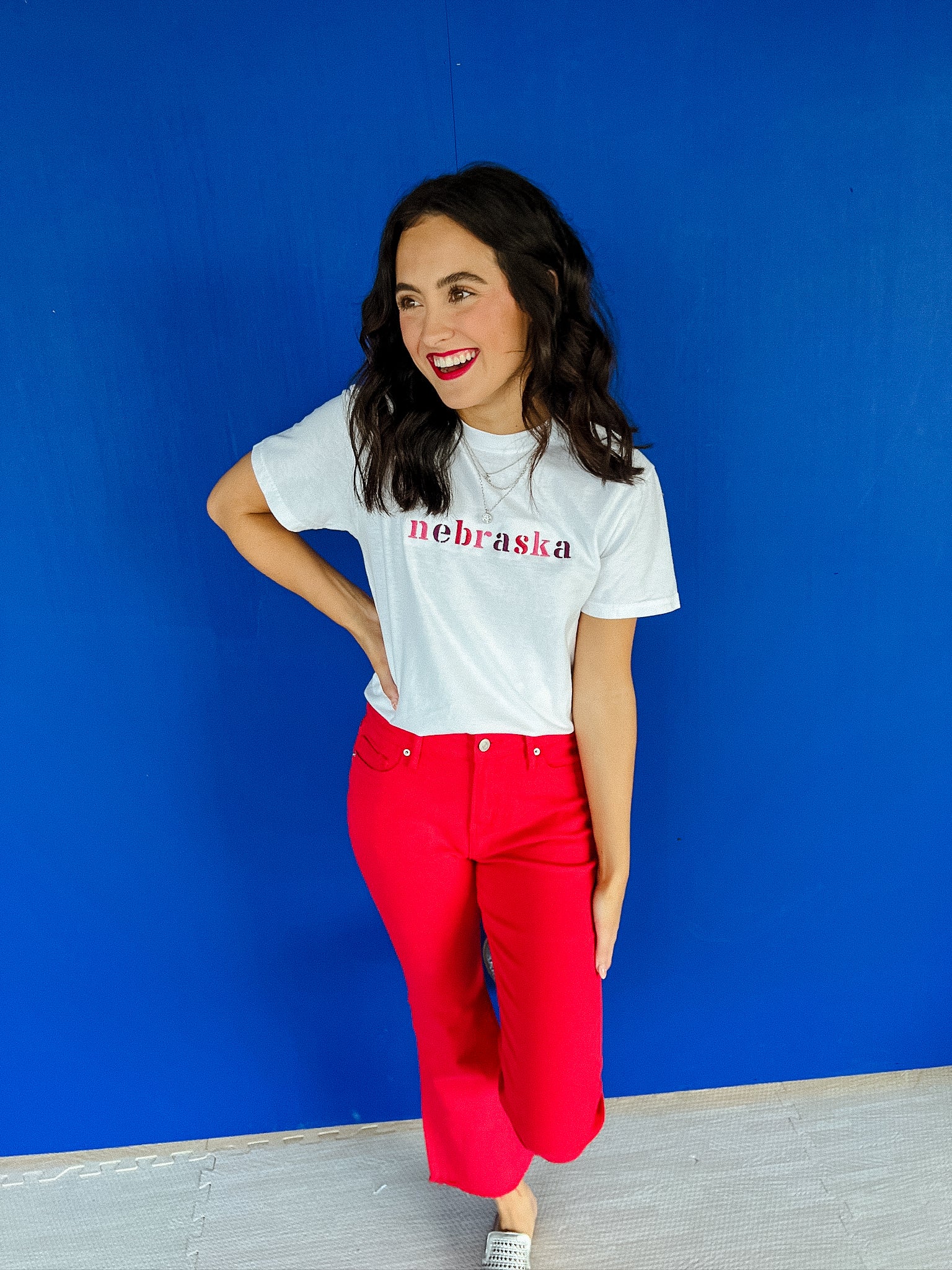 Nebraska Embroidered Tee -  White + Raspberry + Damson