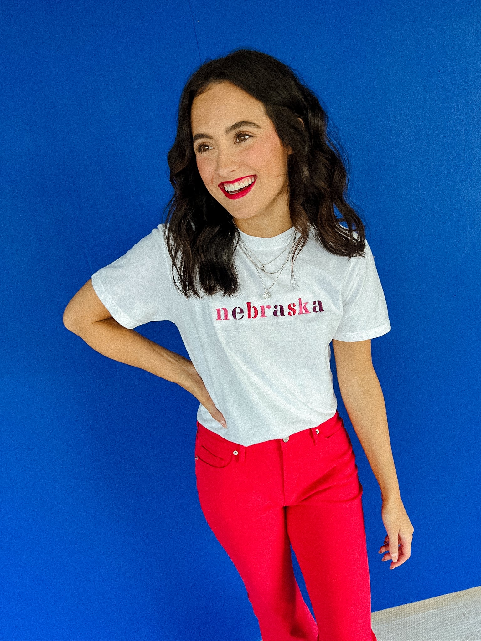 Nebraska Embroidered Tee -  White + Raspberry + Damson