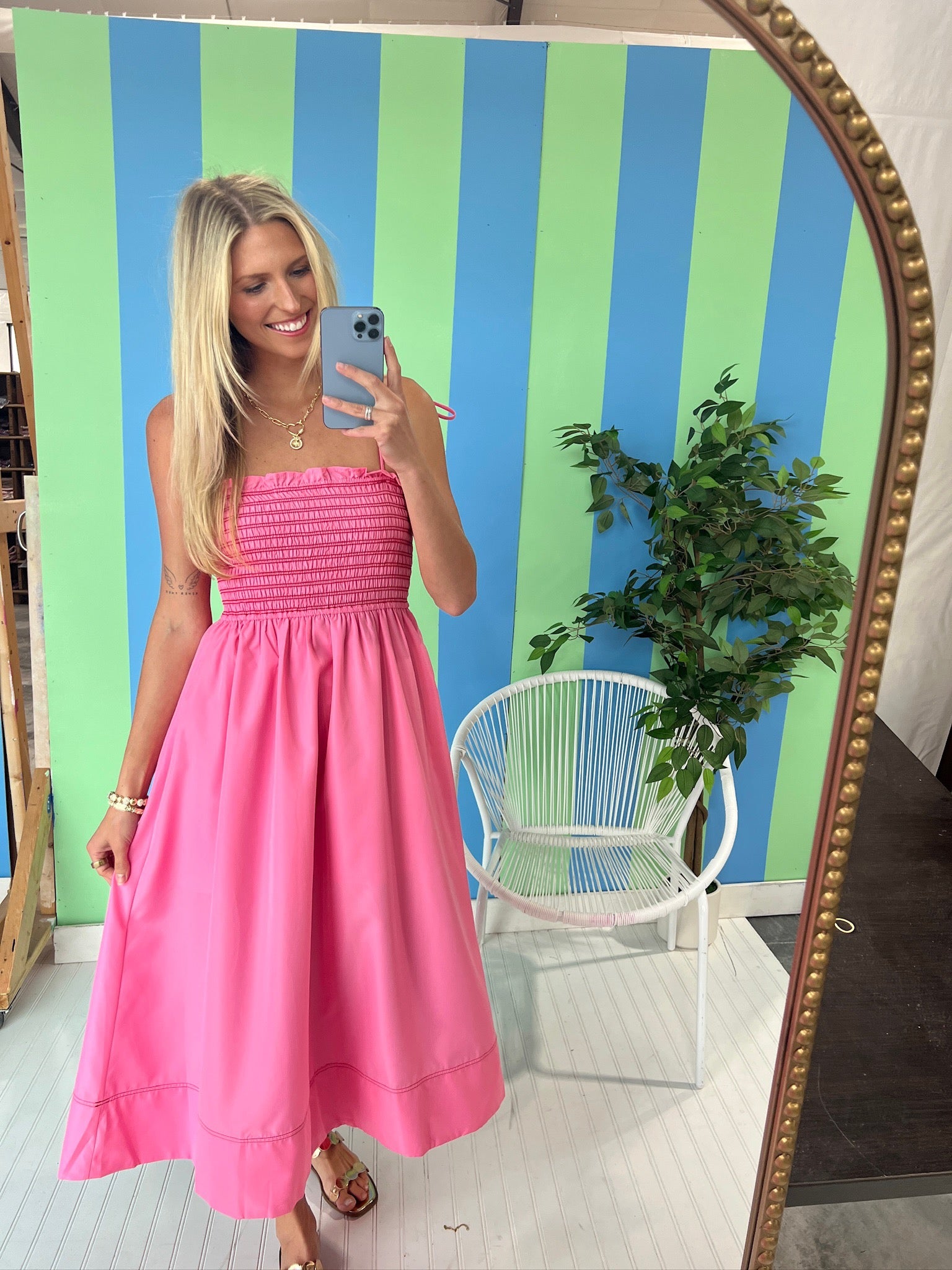 Billie Smocked Midi Dress - Rose/Shocking Pink + Coral Red