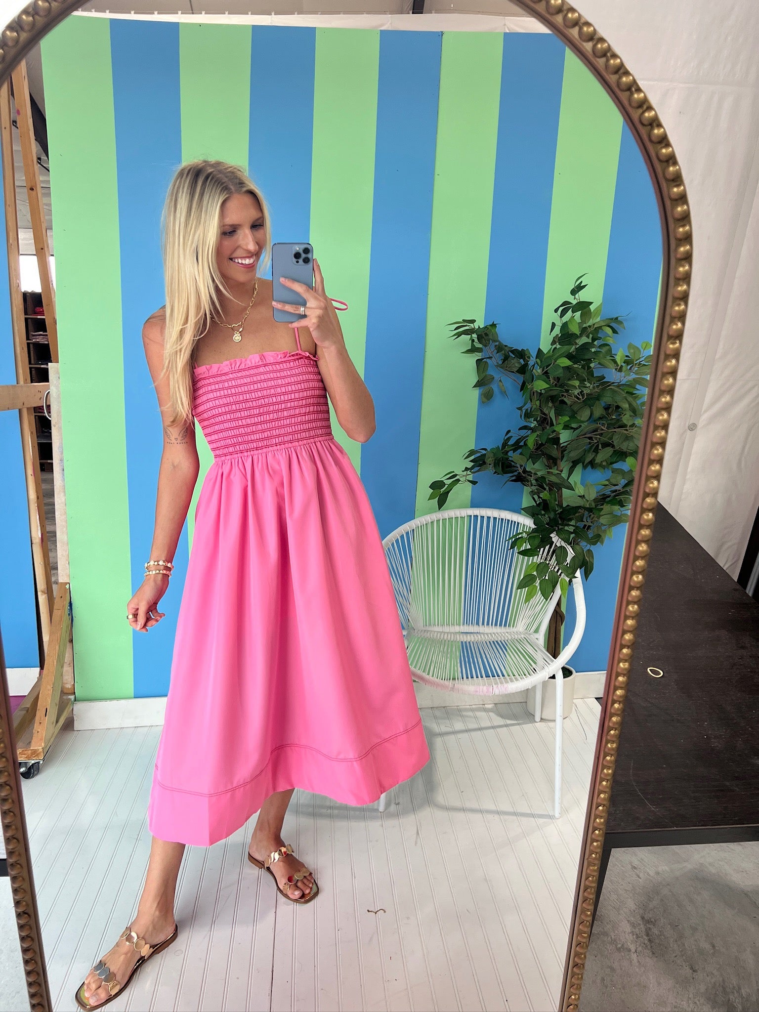 Billie Smocked Midi Dress - Rose/Shocking Pink + Coral Red