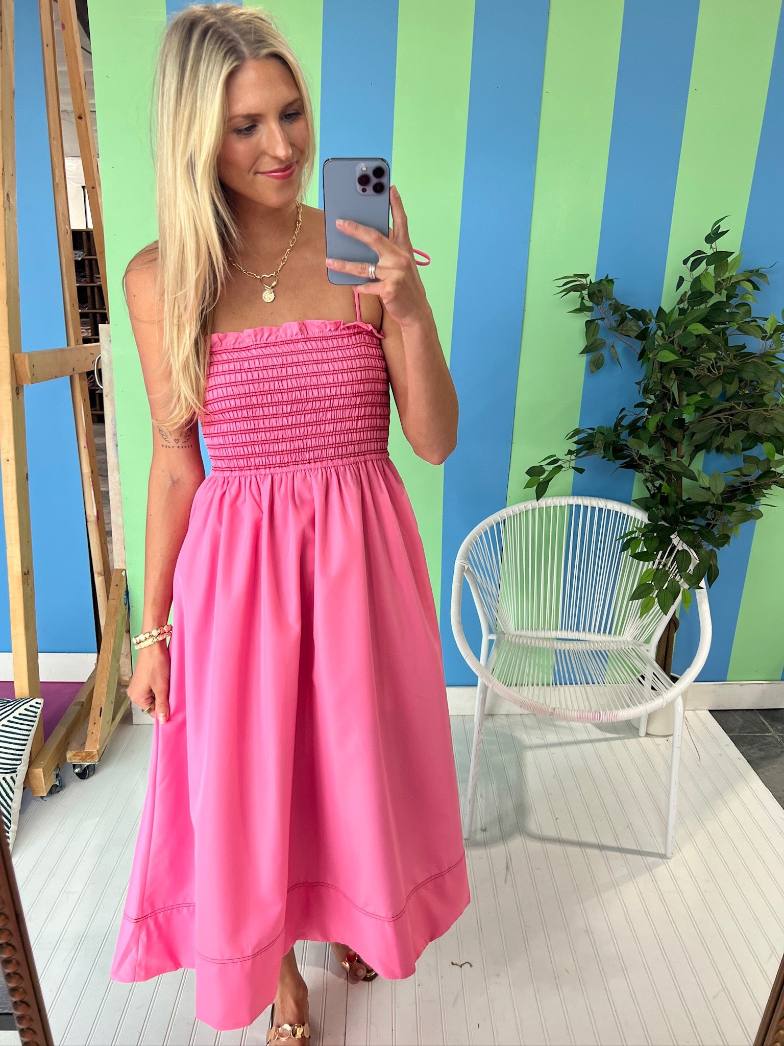 Billie Smocked Midi Dress - Rose/Shocking Pink + Coral Red