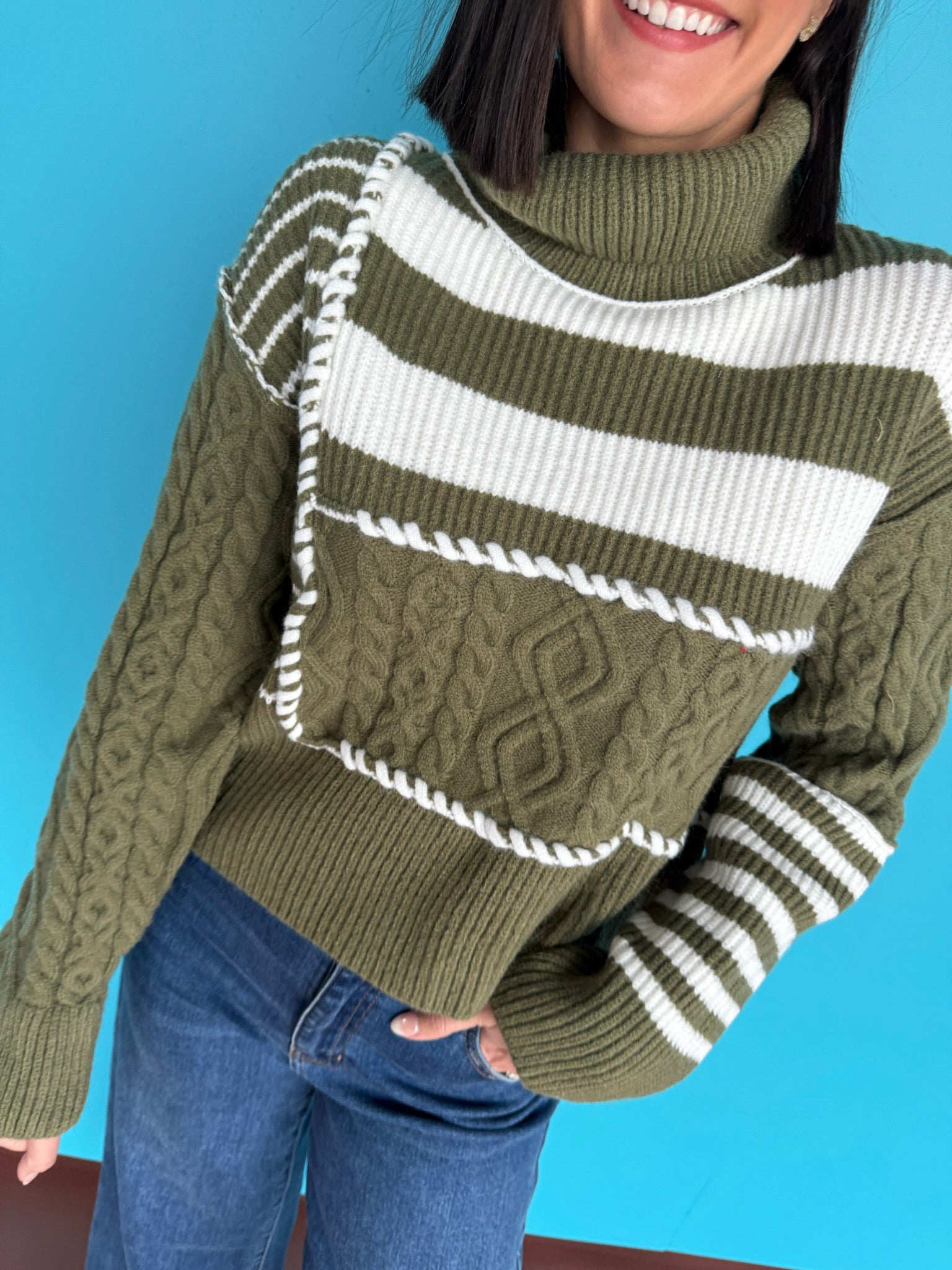 Alyson Cable Knit Turtleneck Sweater - Olive + Cream