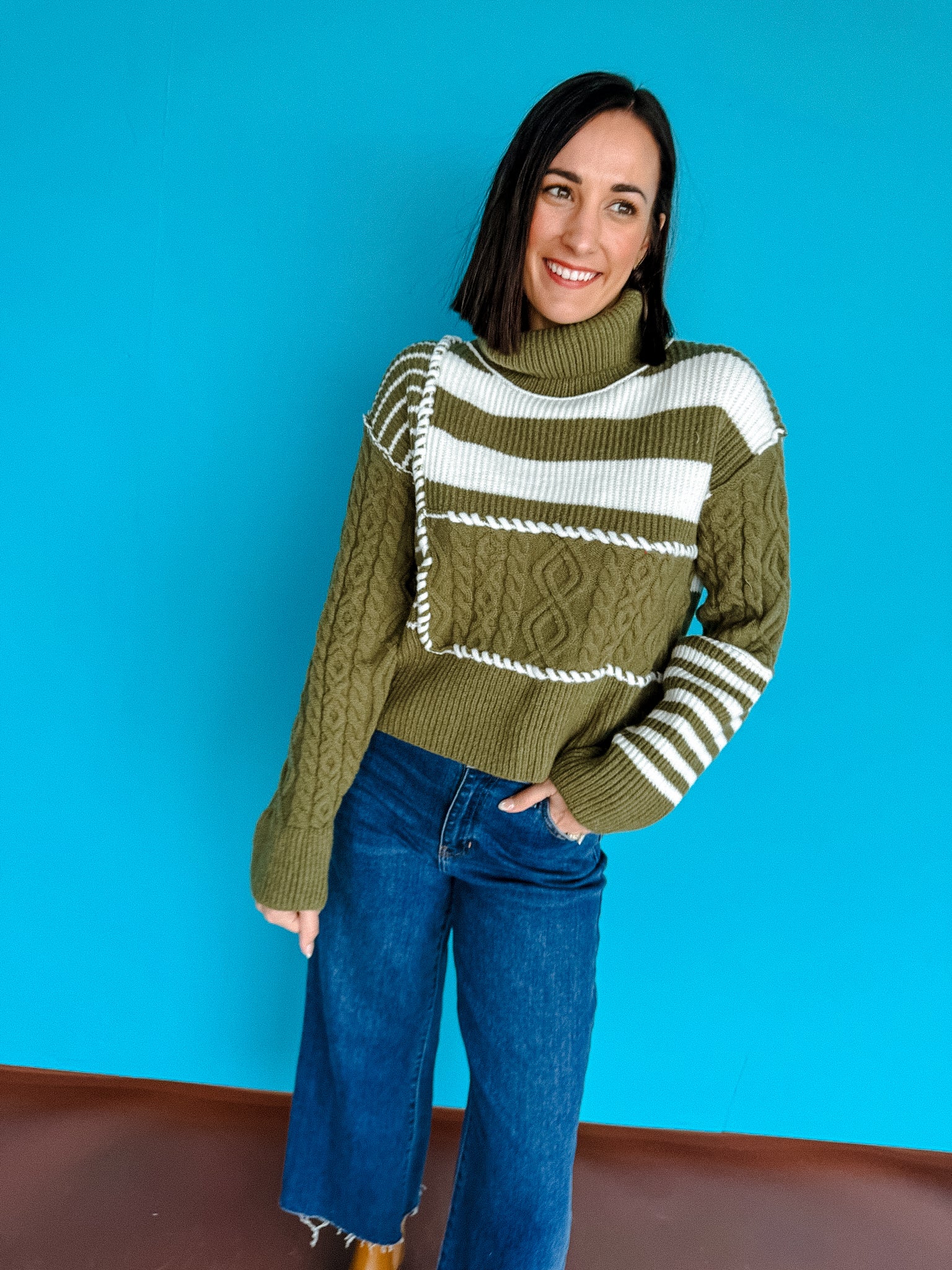 Alyson Cable Knit Turtleneck Sweater - Olive + Cream