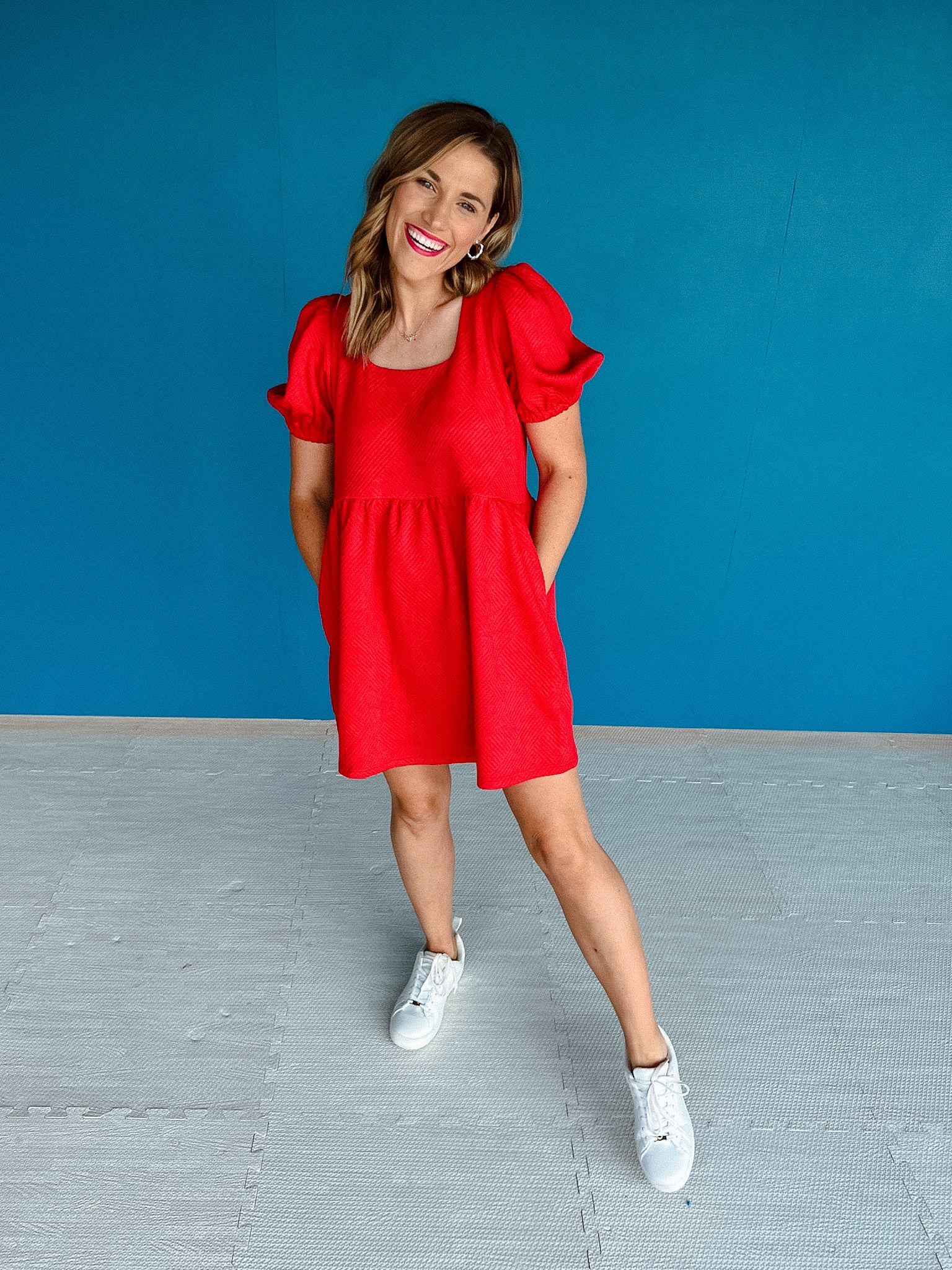 Feah Square Neck Mini Dress - Cool Red