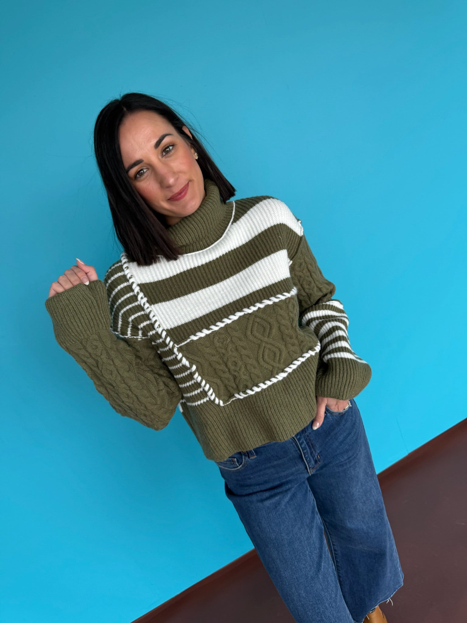 Alyson Cable Knit Turtleneck Sweater - Olive + Cream