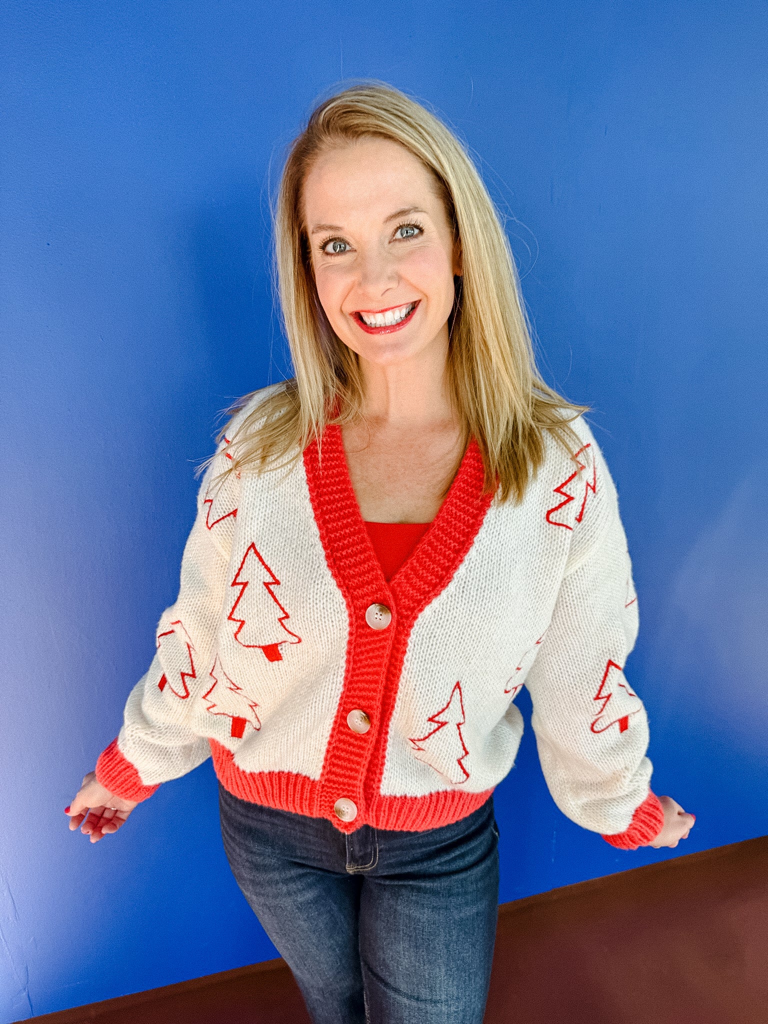 Deck The Halls Embroidered Cardigan - Coral Red + Ivory