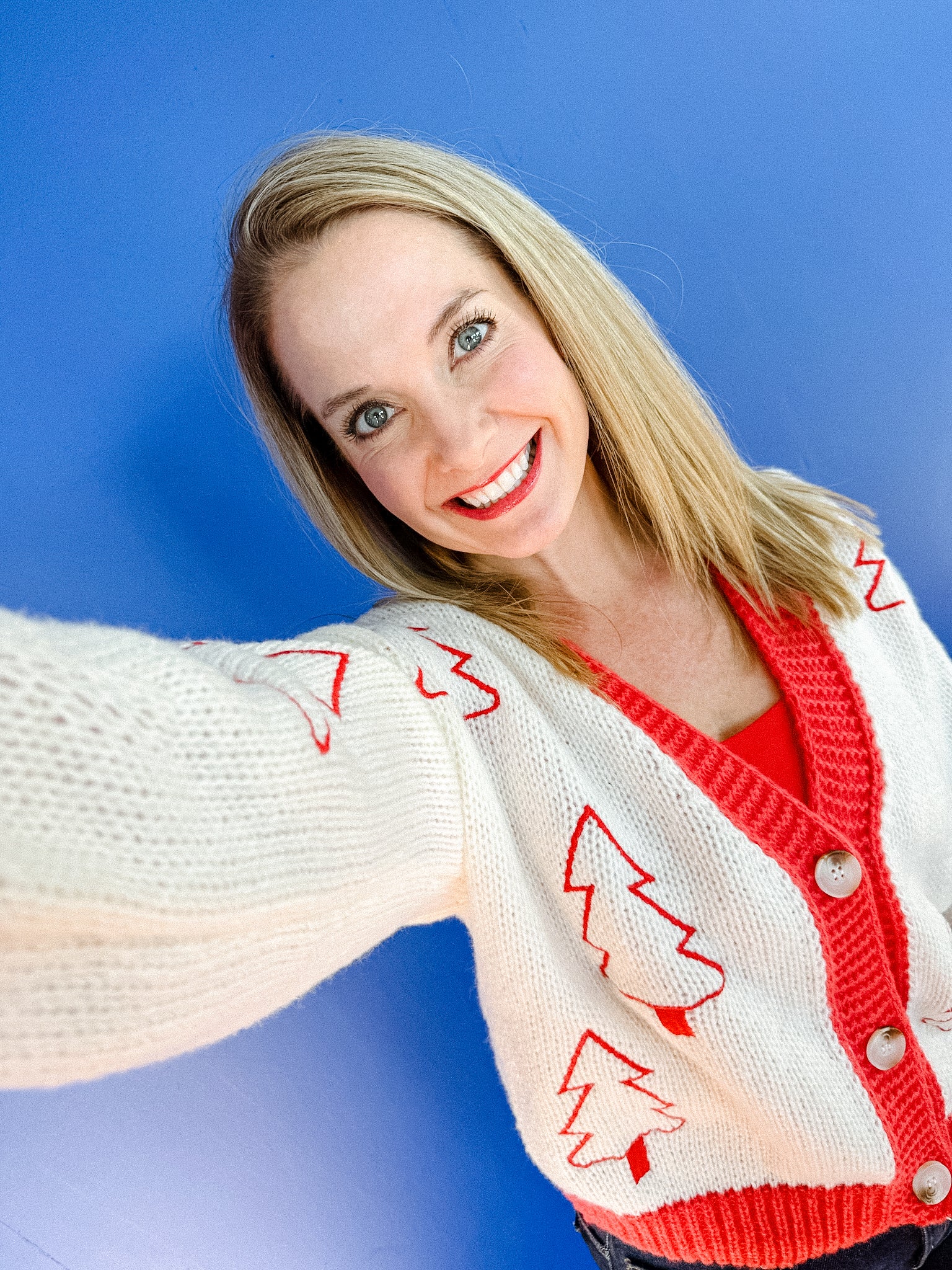 Deck The Halls Embroidered Cardigan - Coral Red + Ivory