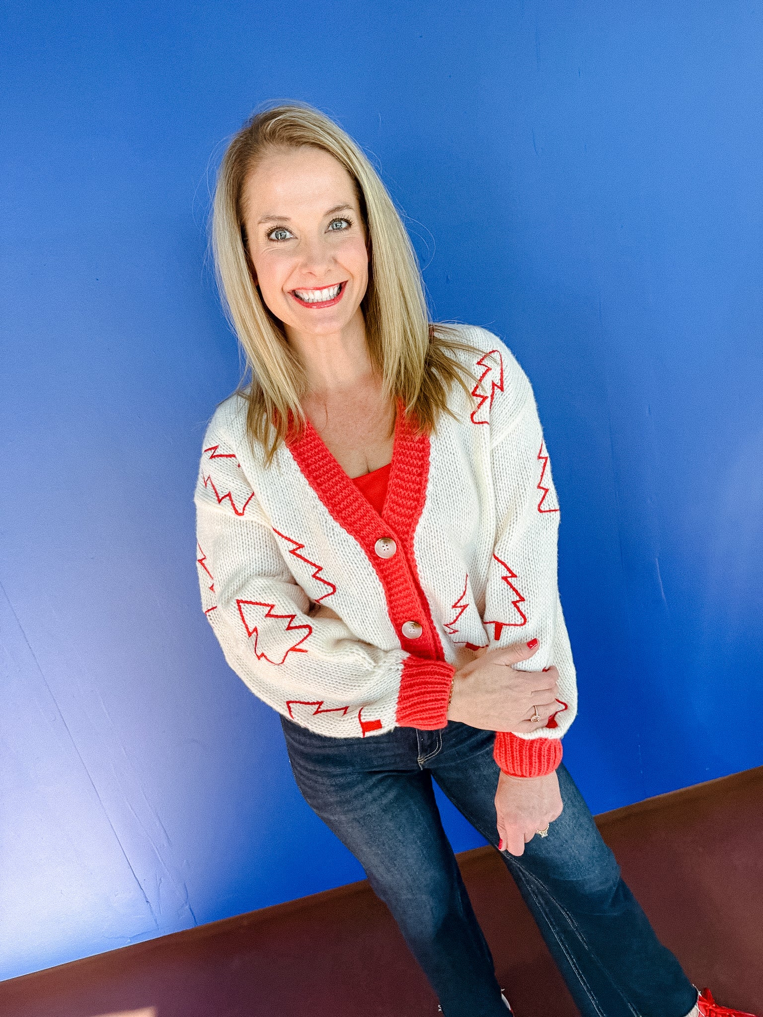 Deck The Halls Embroidered Cardigan - Coral Red + Ivory