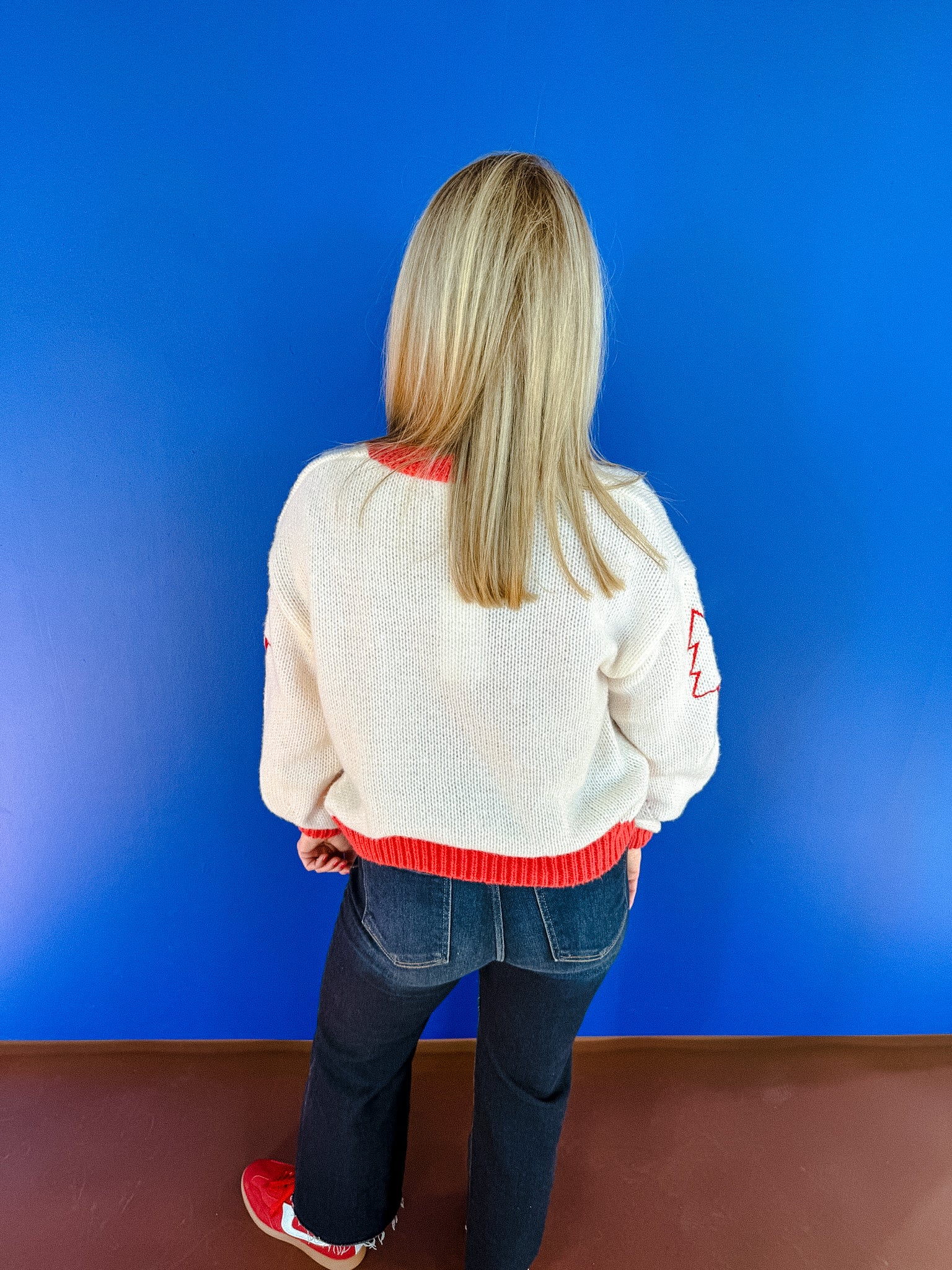 Deck The Halls Embroidered Cardigan - Coral Red + Ivory