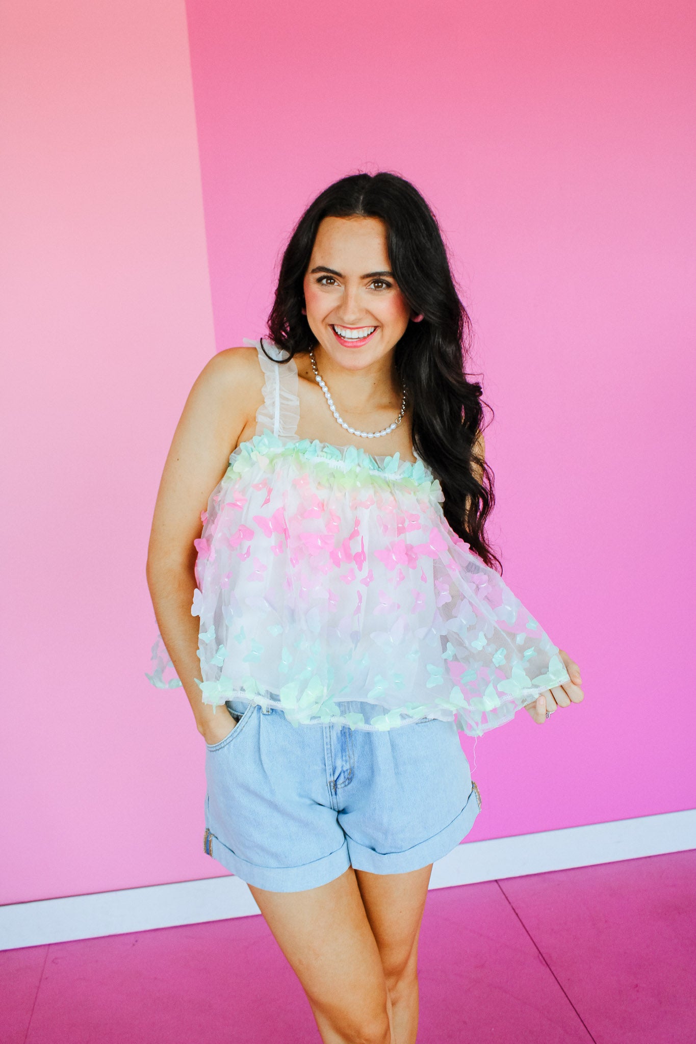 Leanna Butterfly Mesh Top - Soft White + Ice Aqua + Acid Yellow