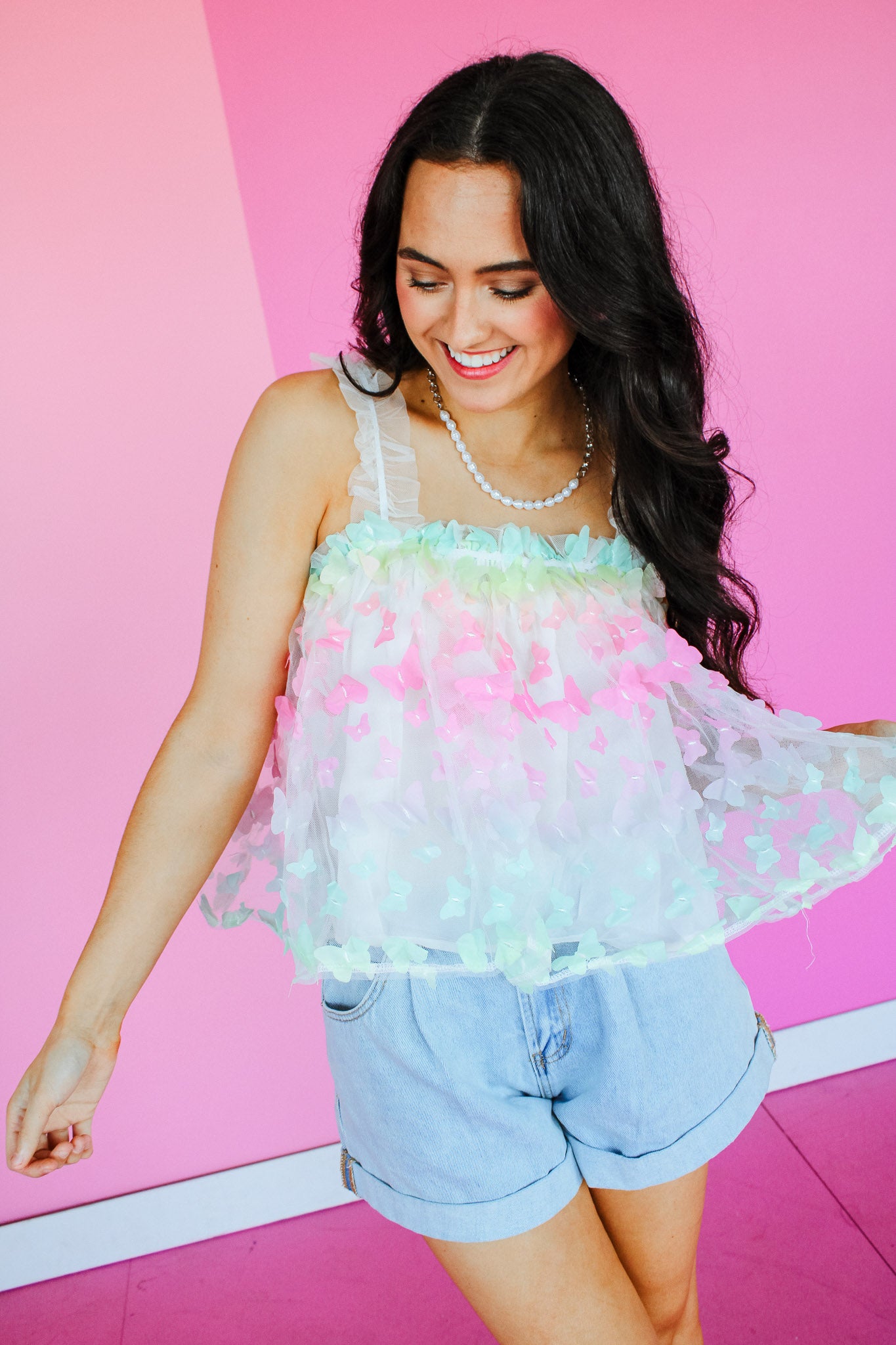 Leanna Butterfly Mesh Top - Soft White + Ice Aqua + Acid Yellow