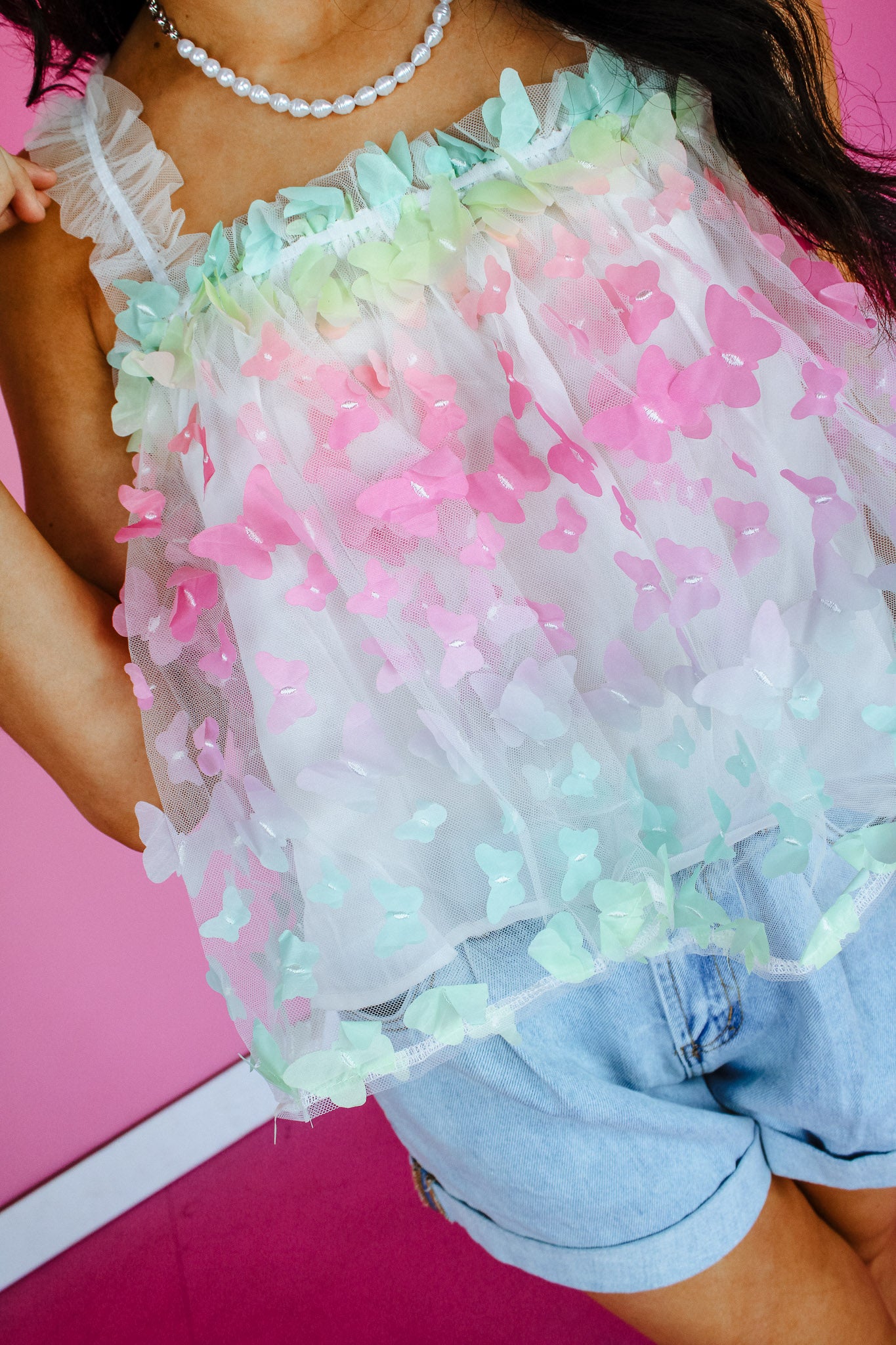 Leanna Butterfly Mesh Top - Soft White + Ice Aqua + Acid Yellow