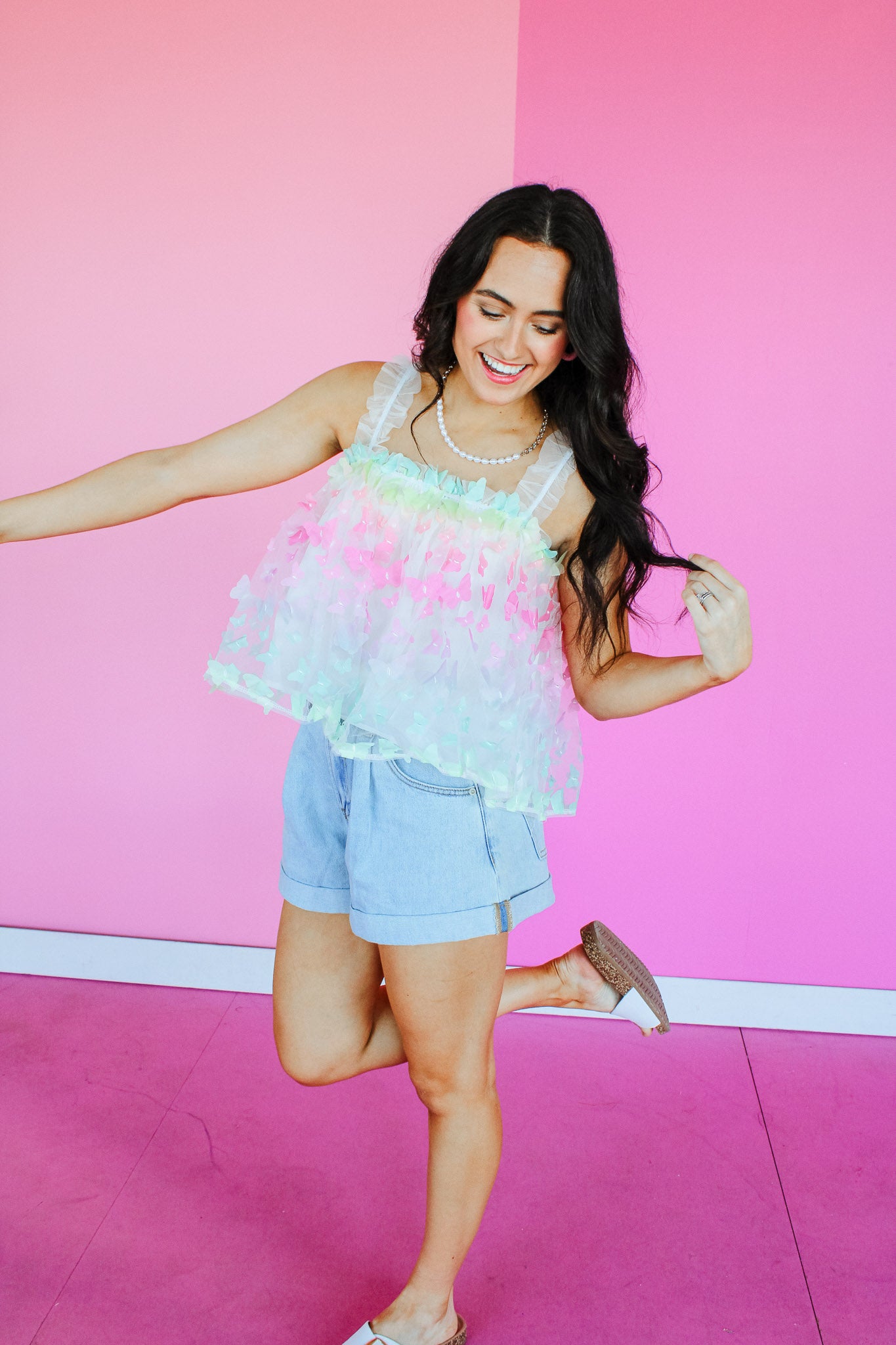 Leanna Butterfly Mesh Top - Soft White + Ice Aqua + Acid Yellow