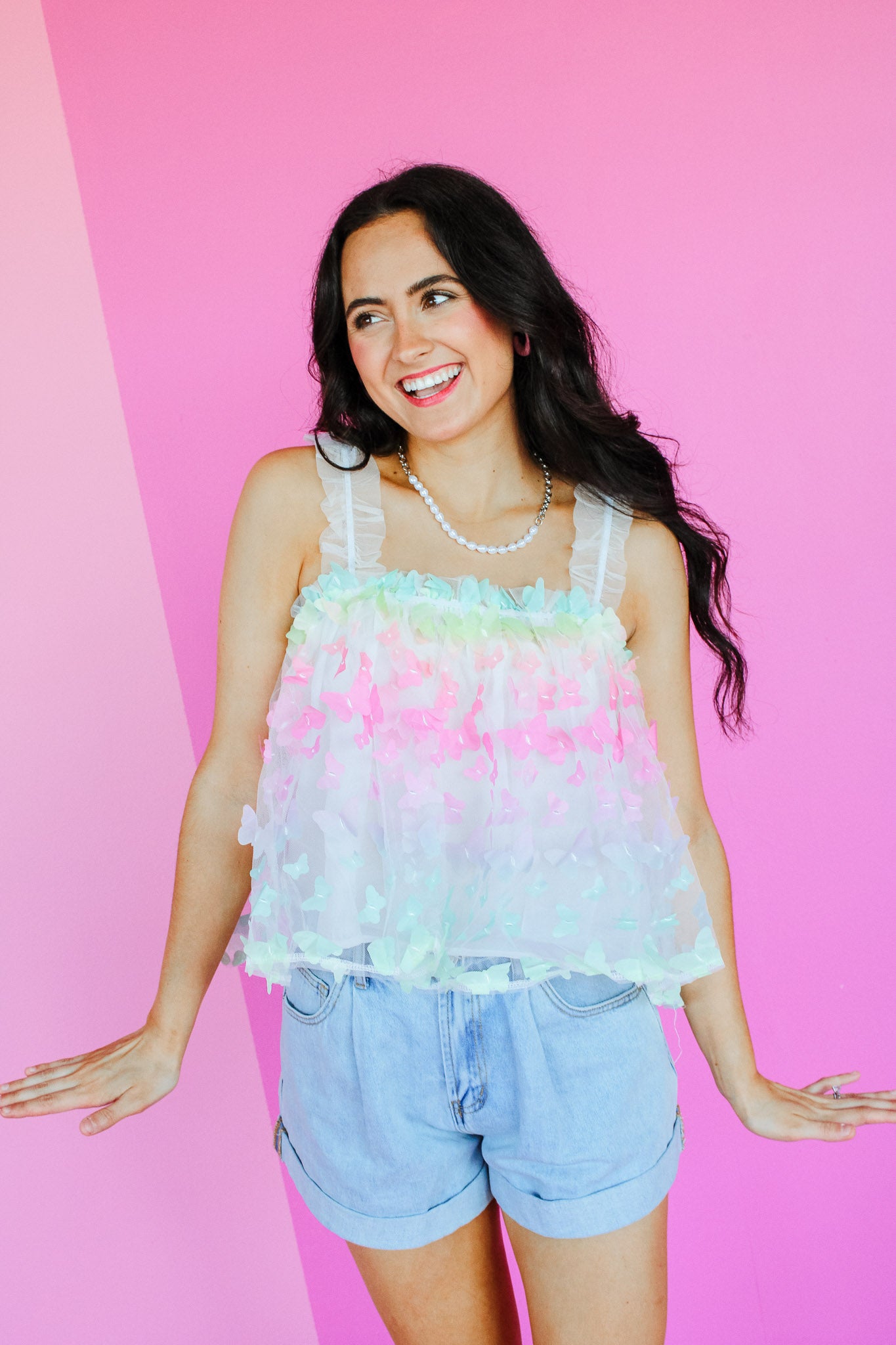 Leanna Butterfly Mesh Top - Soft White + Ice Aqua + Acid Yellow