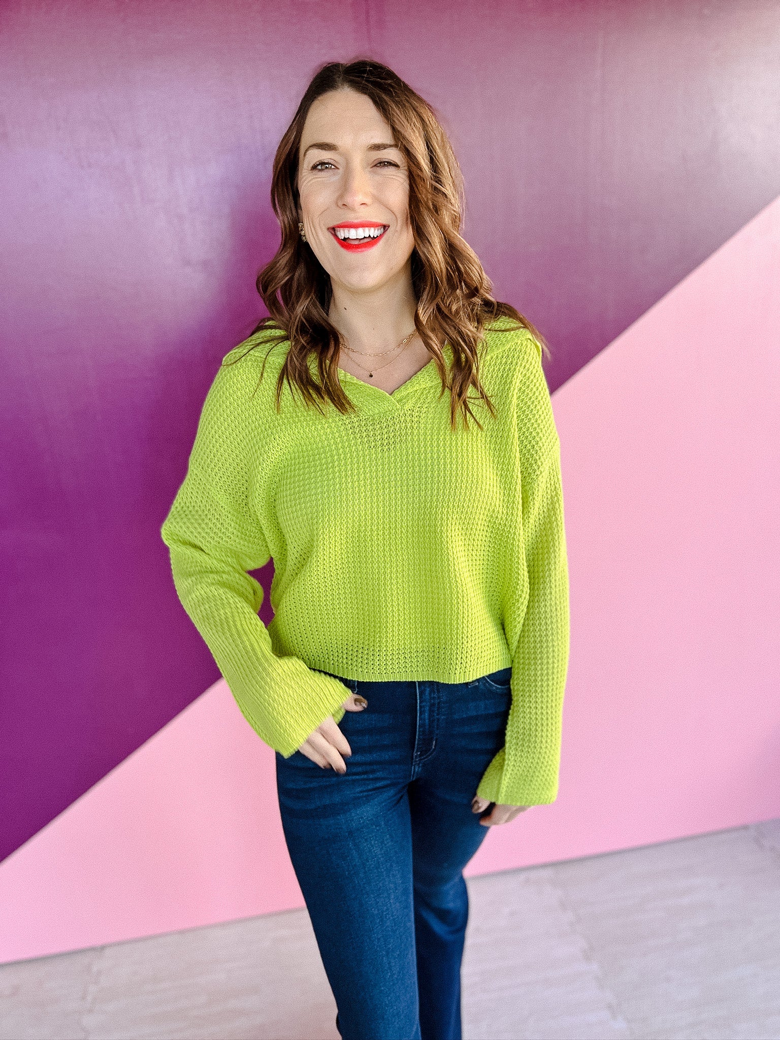 Uptown Girl Collared Sweater - Lime
