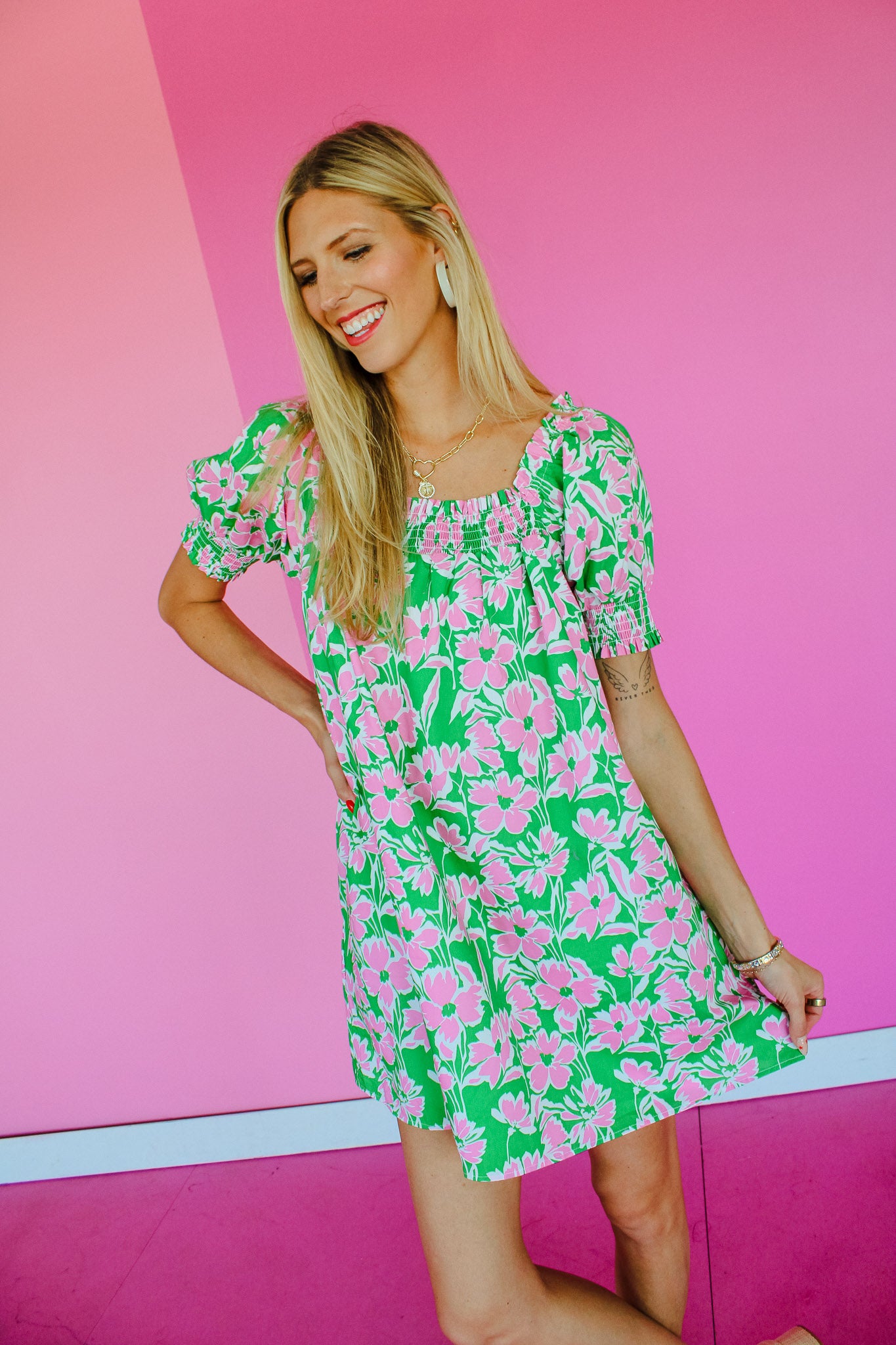 Dayton Floral Mini Dress - Kerry Green + Shocking Pink