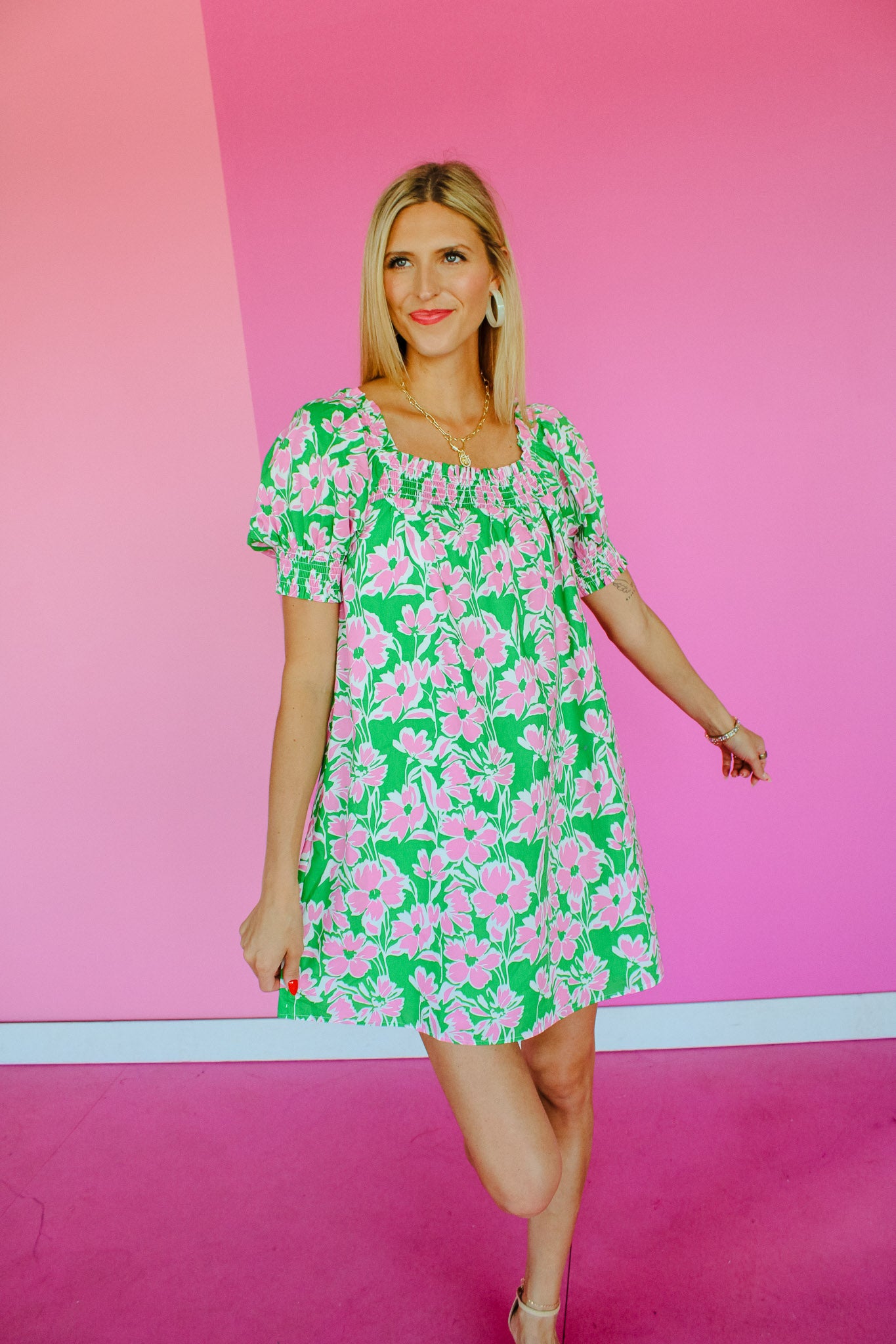 Dayton Floral Mini Dress - Kerry Green + Shocking Pink Kerry Green + Shocking Pink
