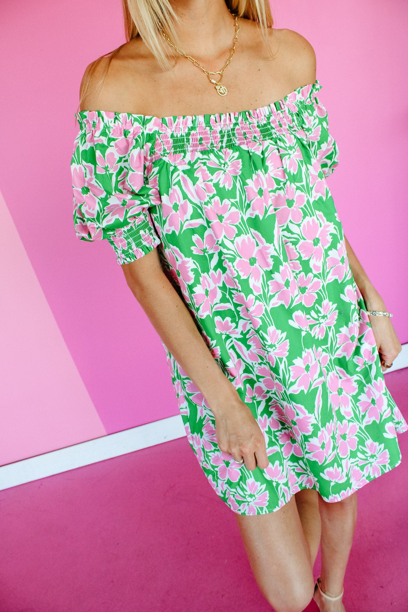 Dayton Floral Mini Dress - Kerry Green + Shocking Pink