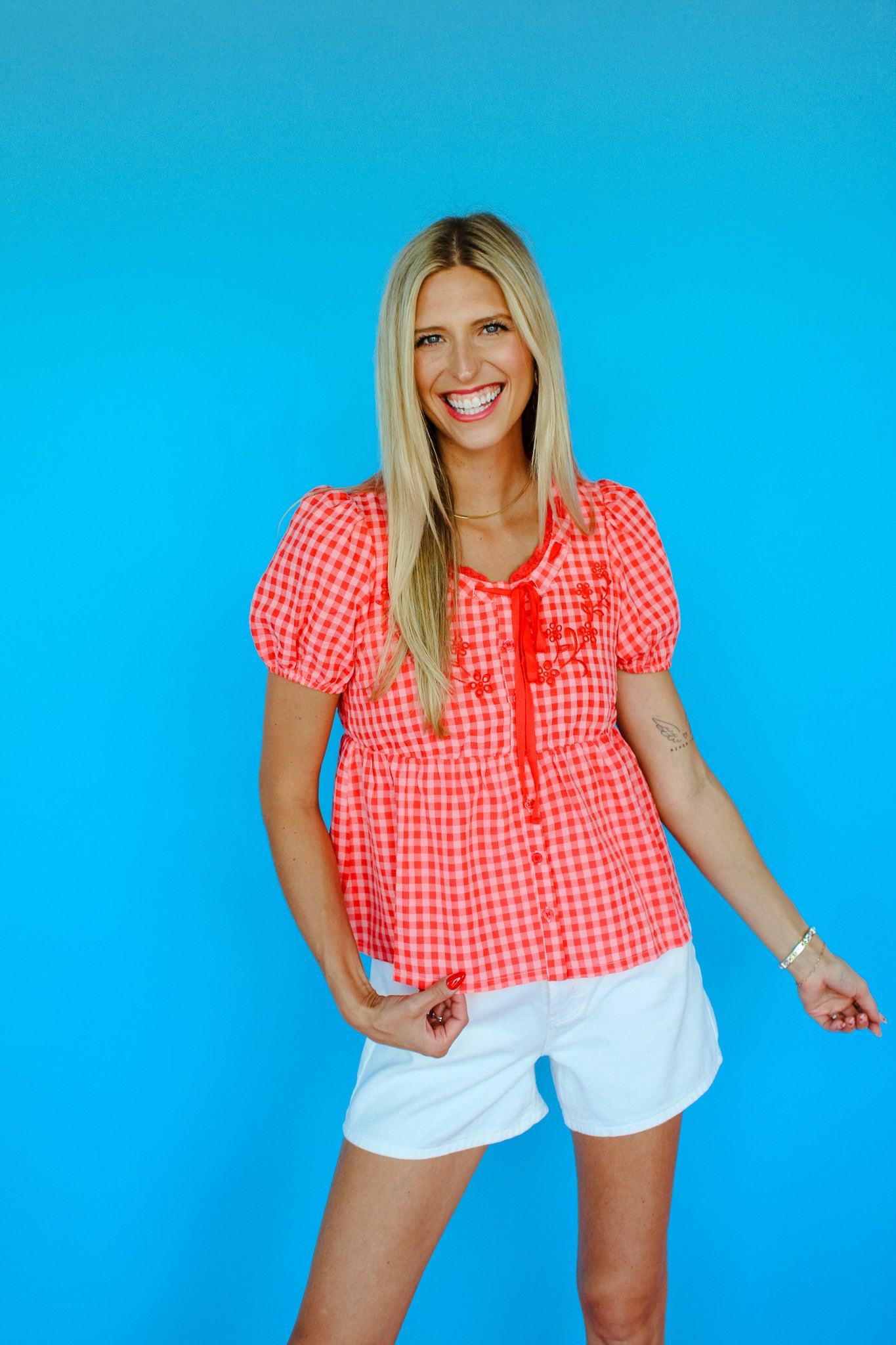 Trish Gingham Blouse - Coral Red