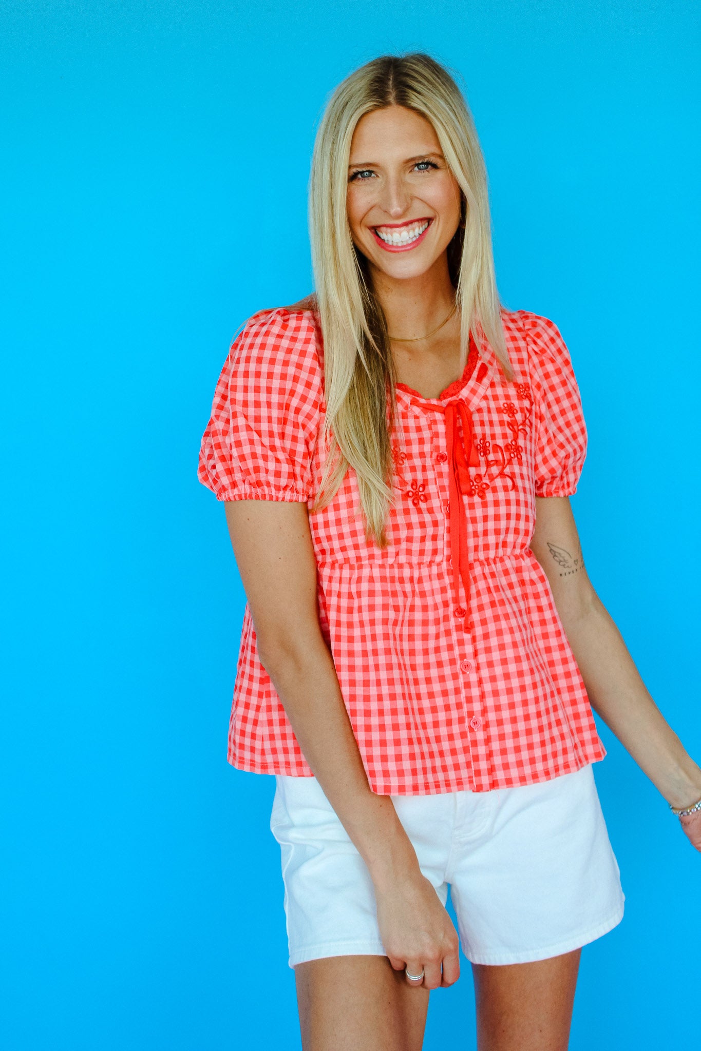 Trish Gingham Blouse - Coral Red