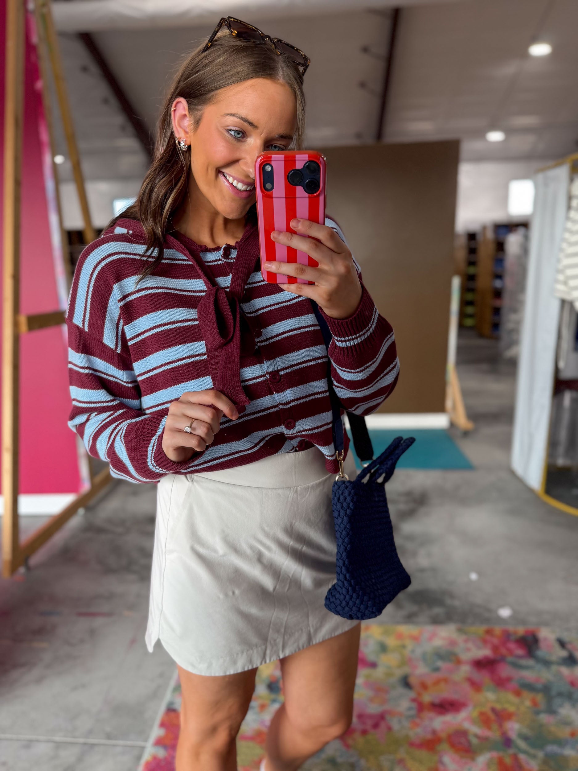 Reese Striped Hooded Sweater - Burgundy + Sky Blue