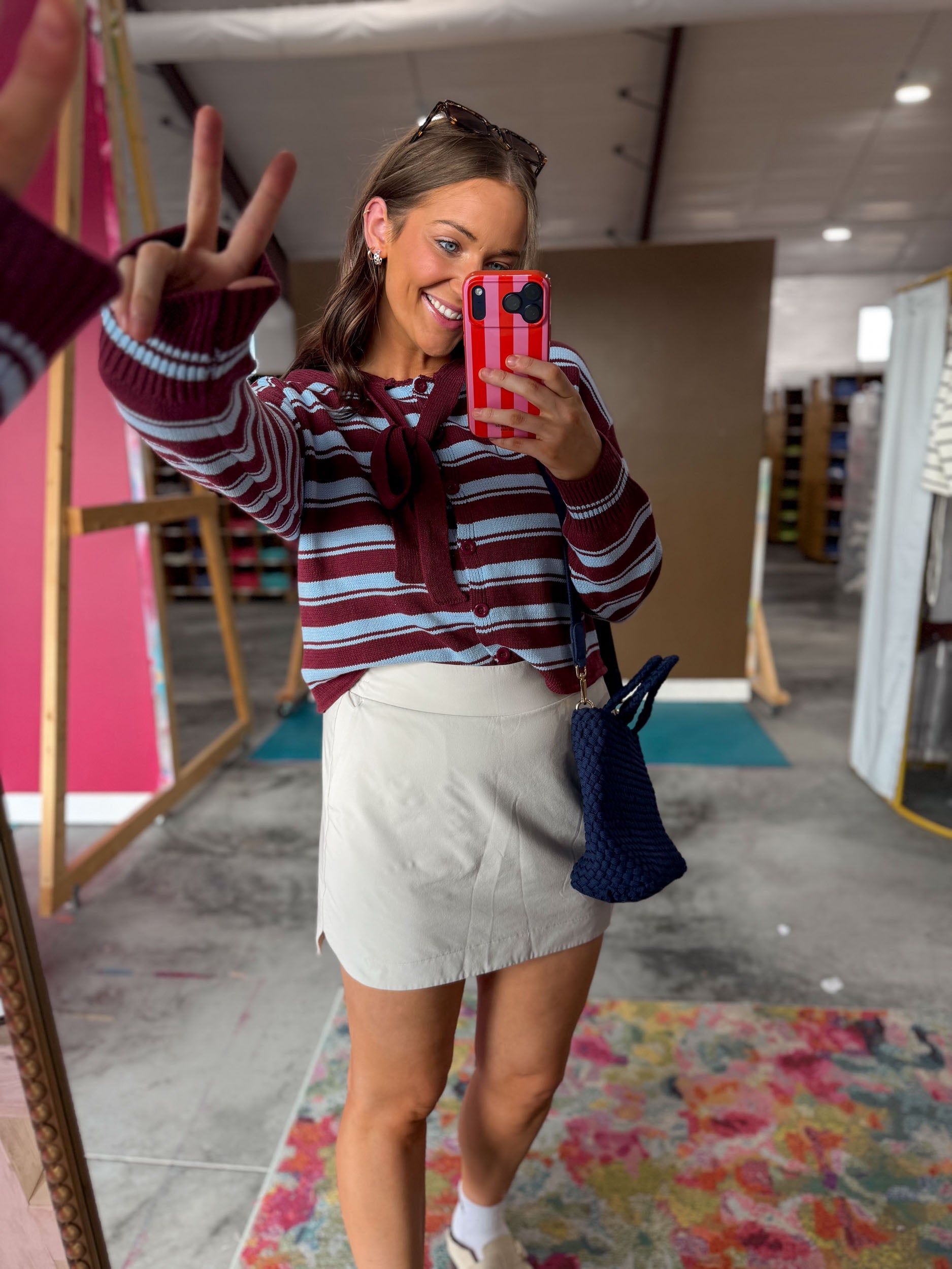 Reese Striped Hooded Sweater - Burgundy + Sky Blue
