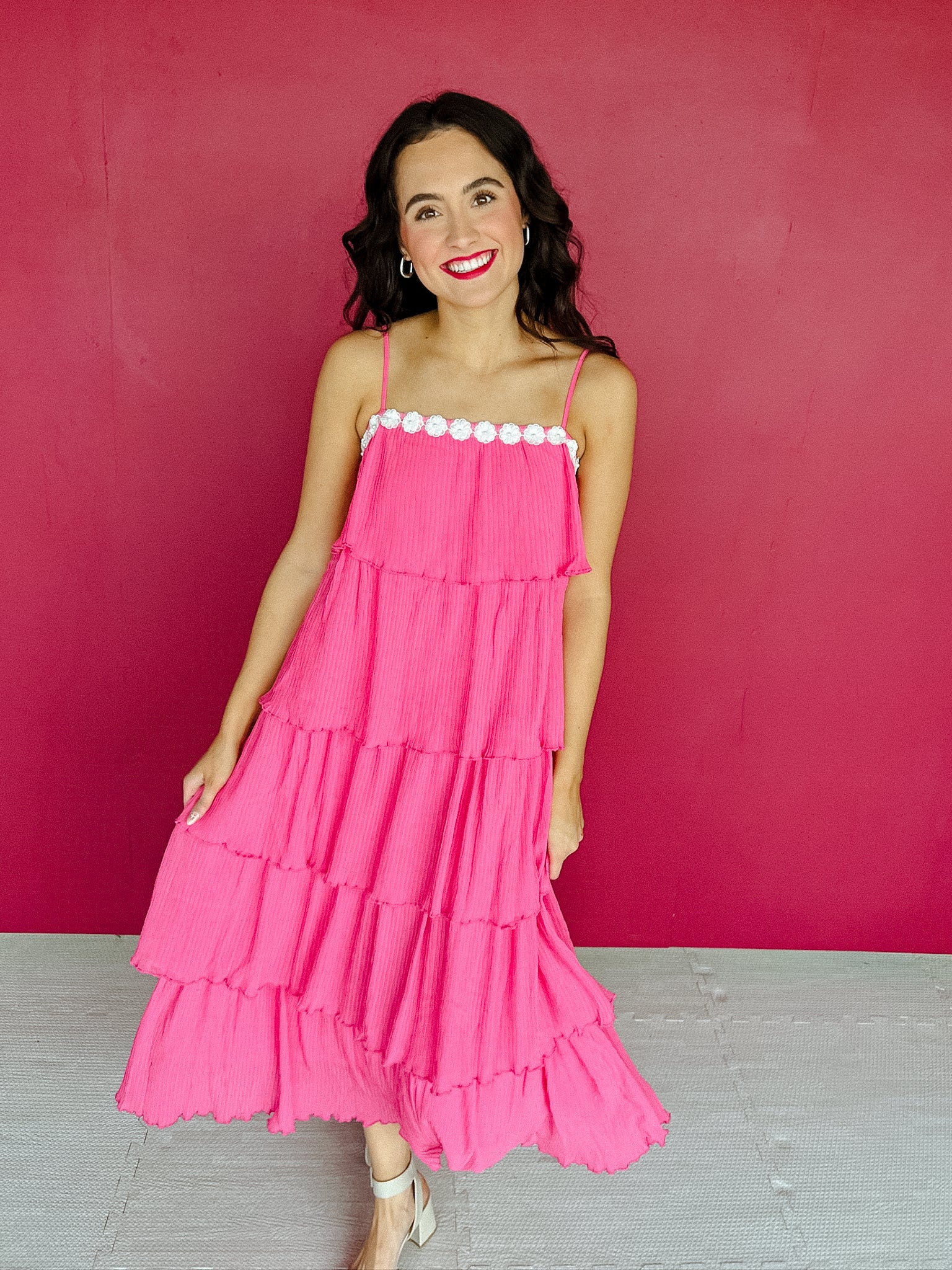 Iris Ruffle Tiered Midi Dress -  Bright Pink