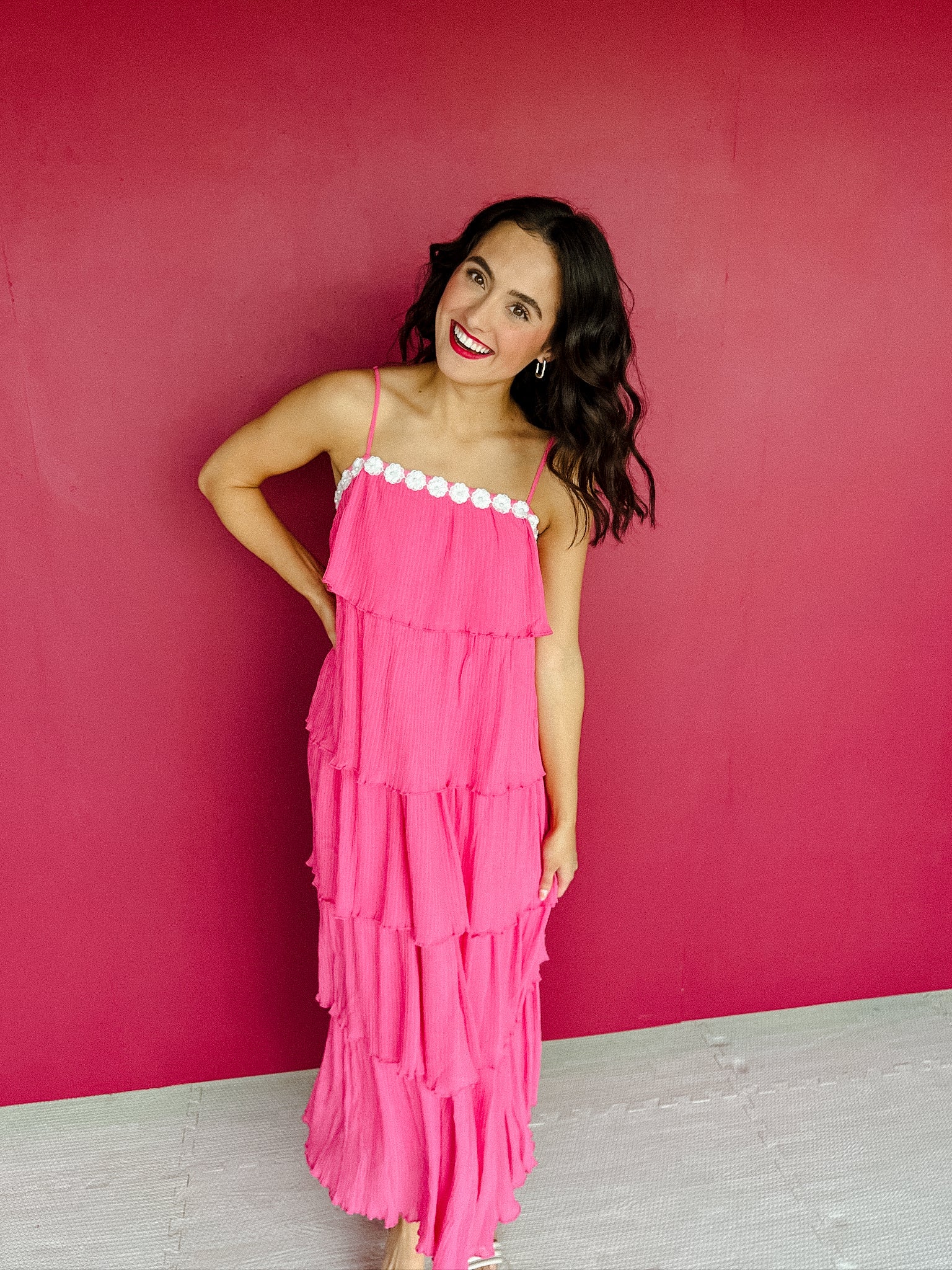 Iris Ruffle Tiered Midi Dress -  Bright Pink