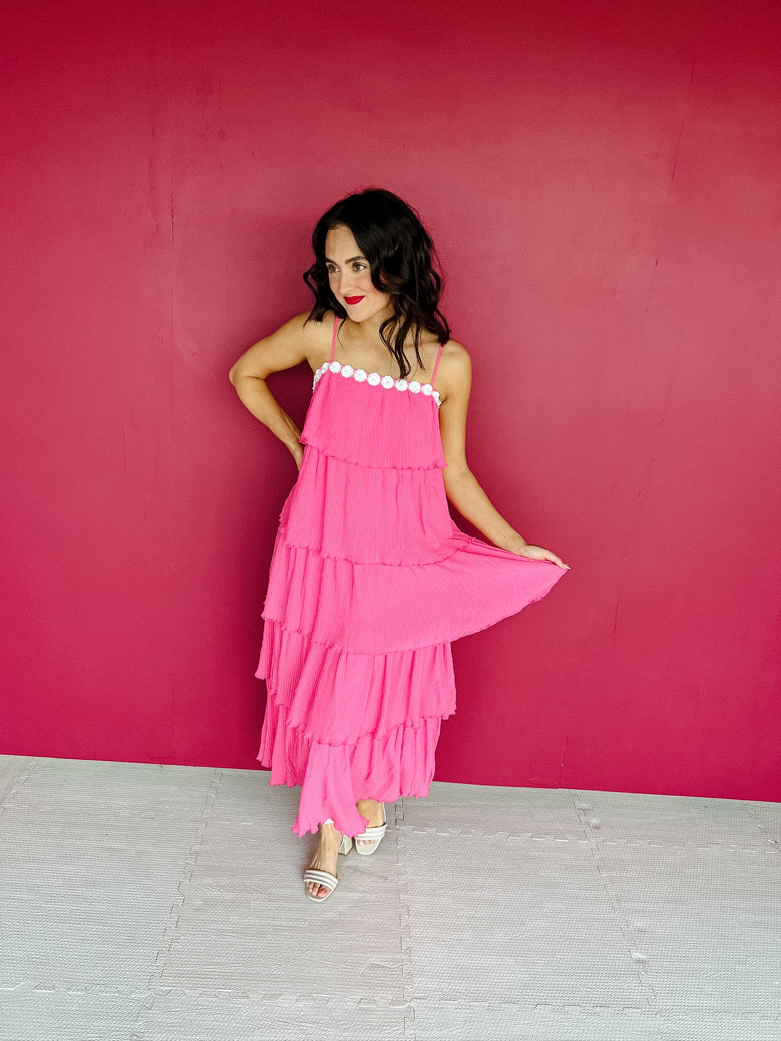 Iris Ruffle Tiered Midi Dress -  Bright Pink