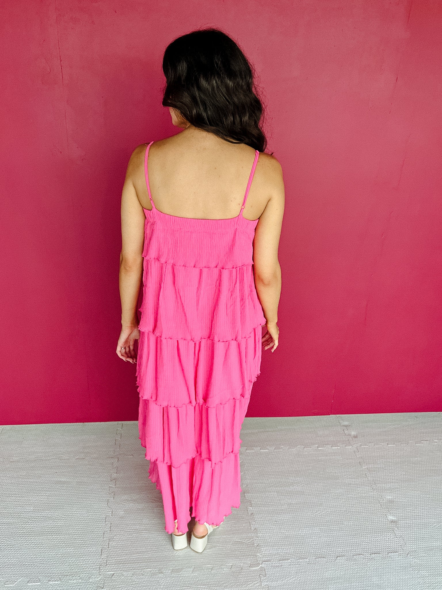 Iris Ruffle Tiered Midi Dress -  Bright Pink