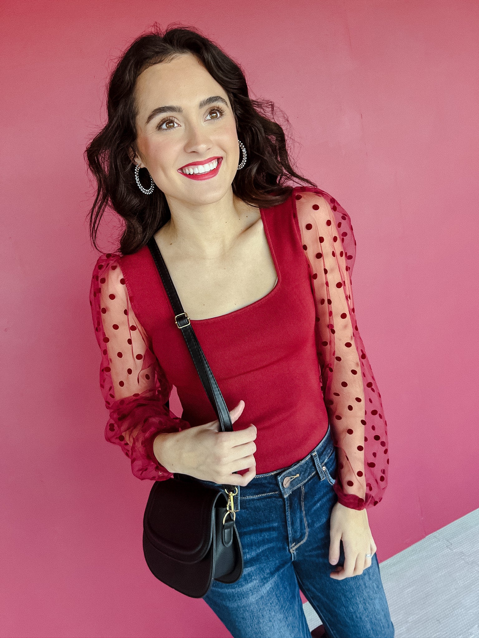 Trudy Polka Dot Mesh Top - Burgundy