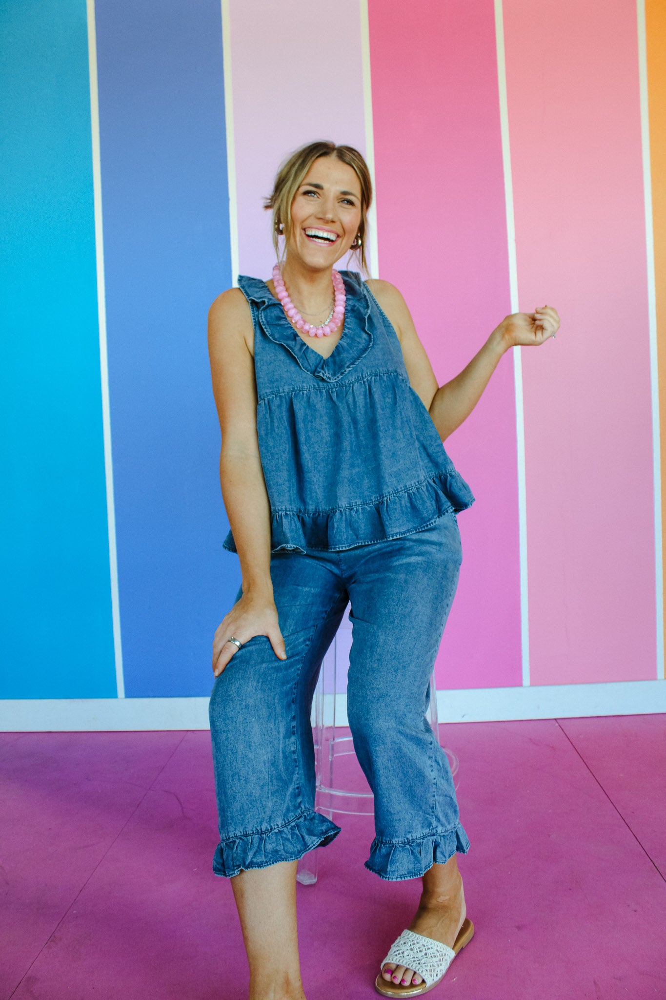 Charlene Denim Ruffle Tank - Muted Dark Wash