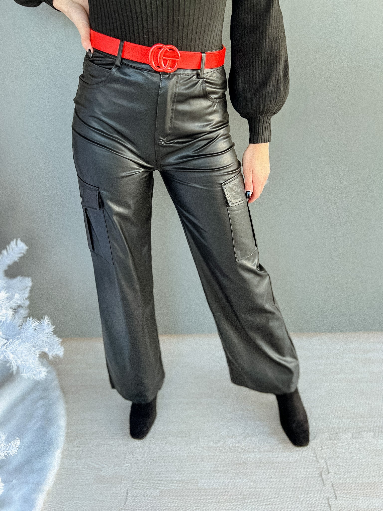 Kayla Faux Leather Wide Leg Pants - Black