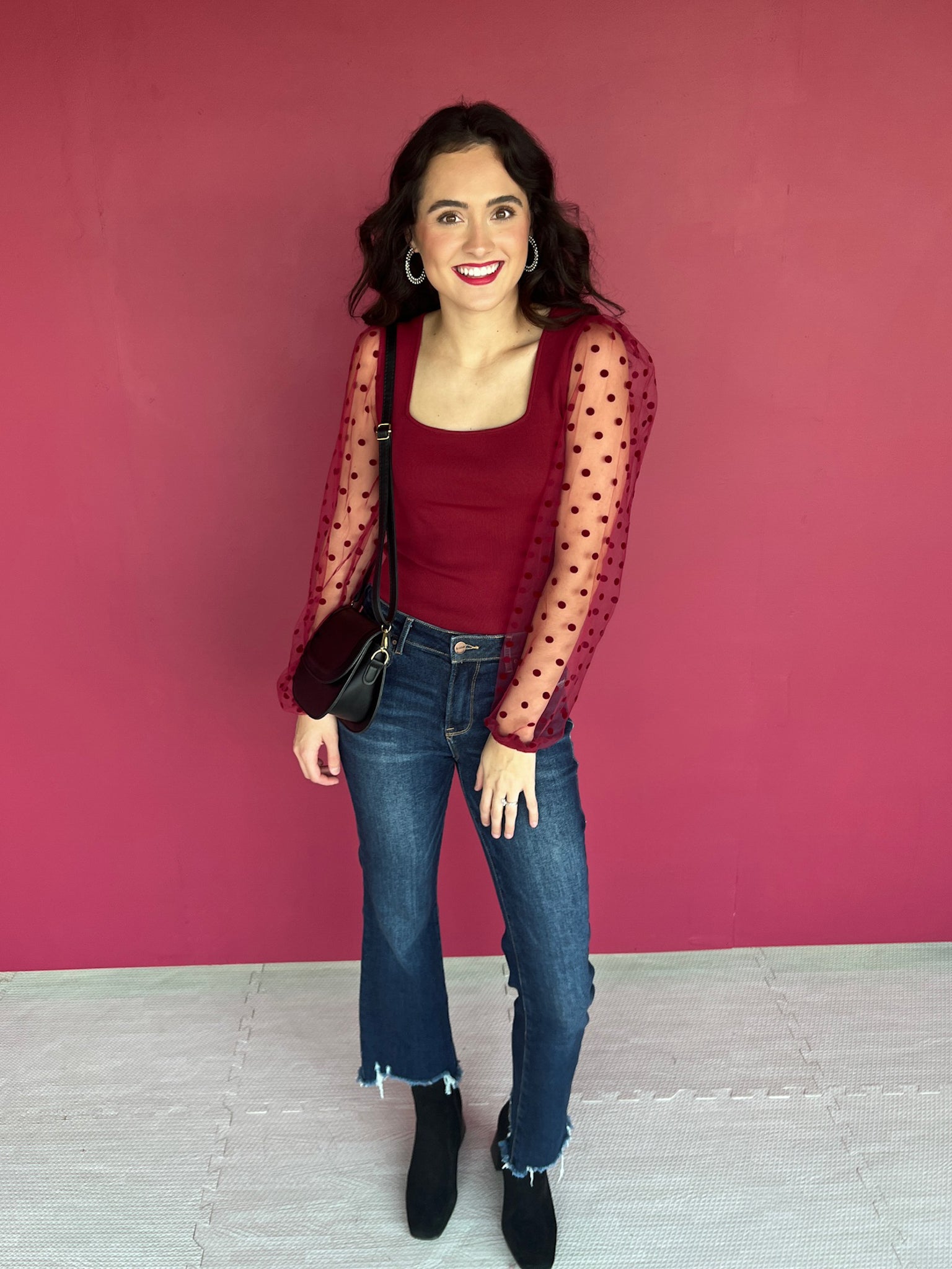 Trudy Polka Dot Mesh Top - Burgundy