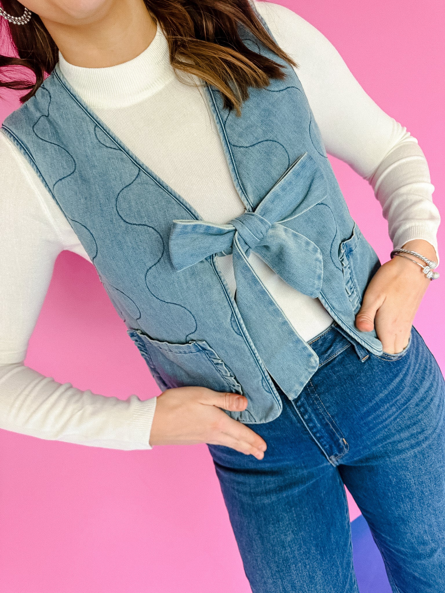 Ollie Ruffle Vest - Muted Wash Denim