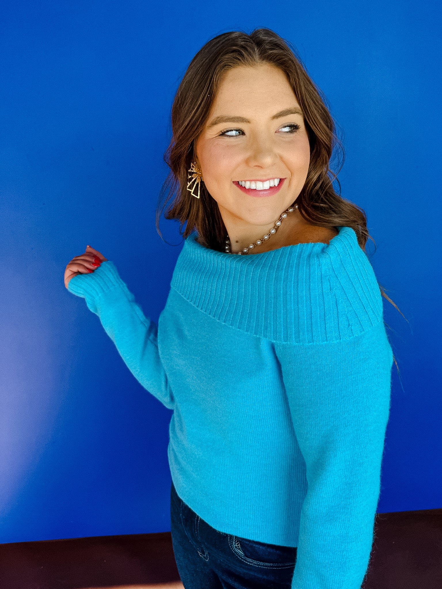 Scarlett Off Shoulder Sweater - Light Aqua