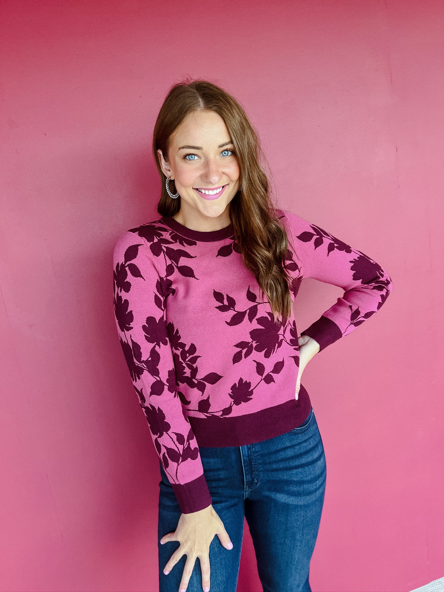 Cleo Floral Sweater - Burgundy + Summer Pink